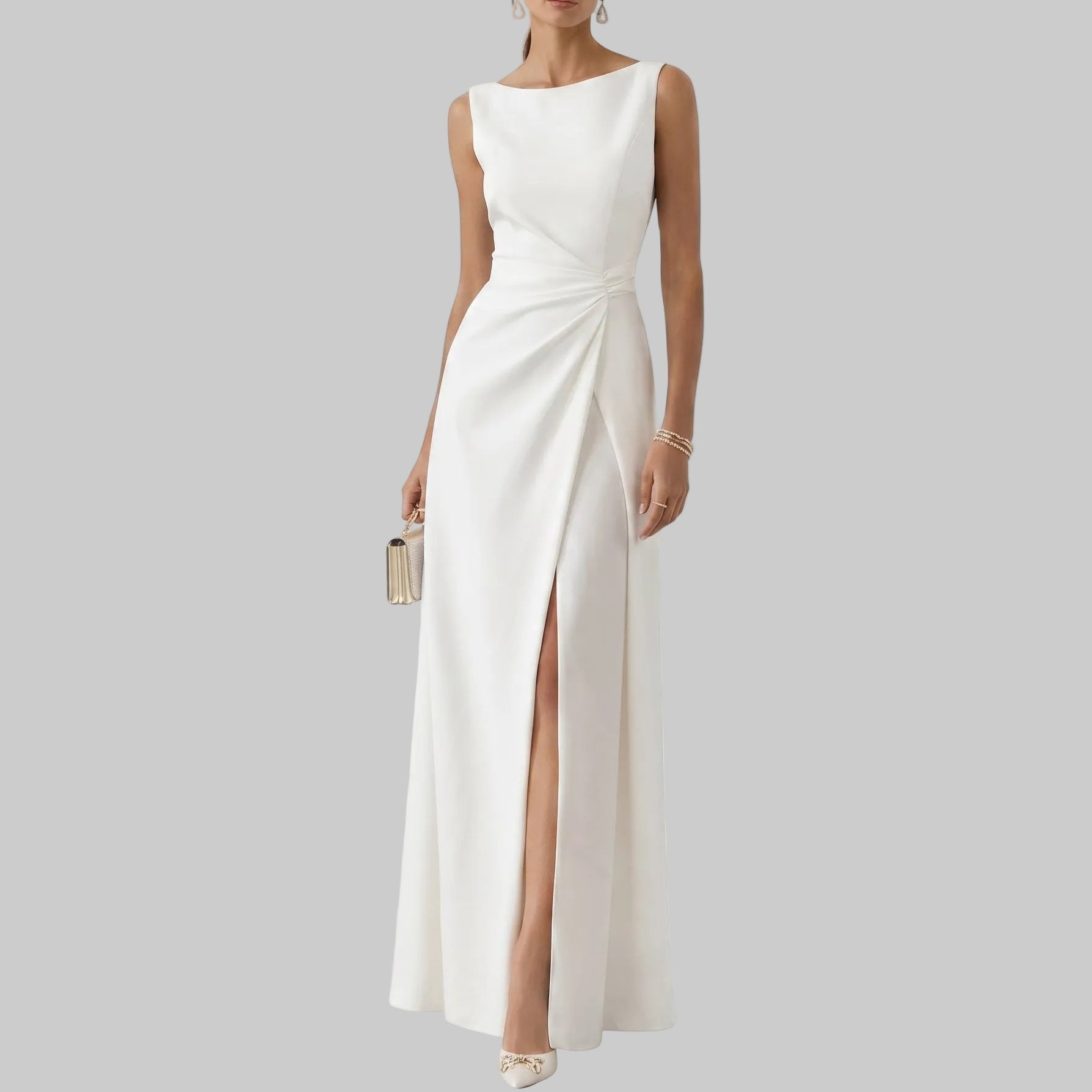 Elena - Women's Evening Draped Side Split Maxi Dress - Maxi Dress - White - Parker&Brooks