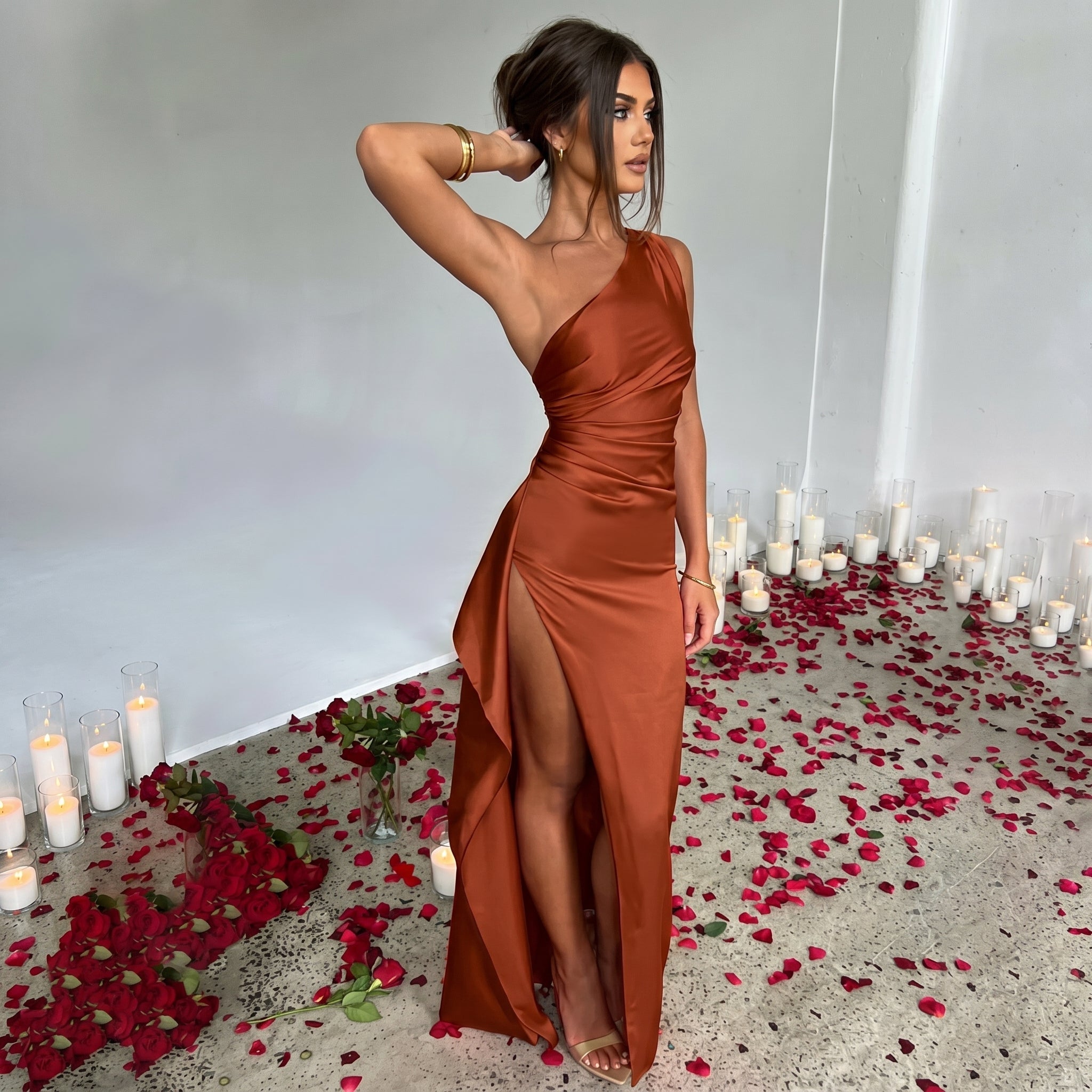 Elena - Women's Evening Ruched High Split Maxi Dress - Maxi Dress Women - Dark Brown - Parker&Brooks