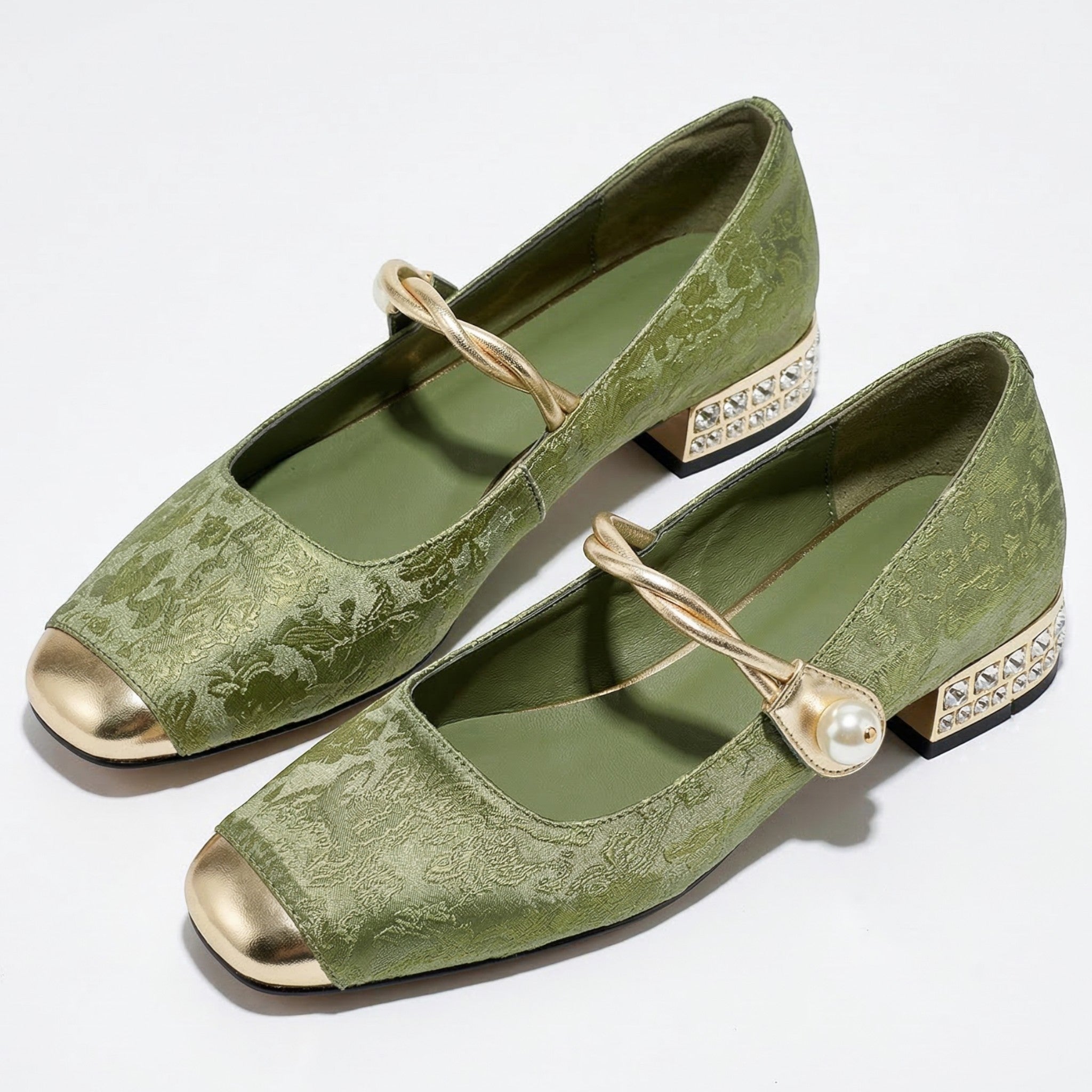 Elena - Women's Low Heel Pumps with Pearl Strap - Sandal - Green - Parker&Brooks