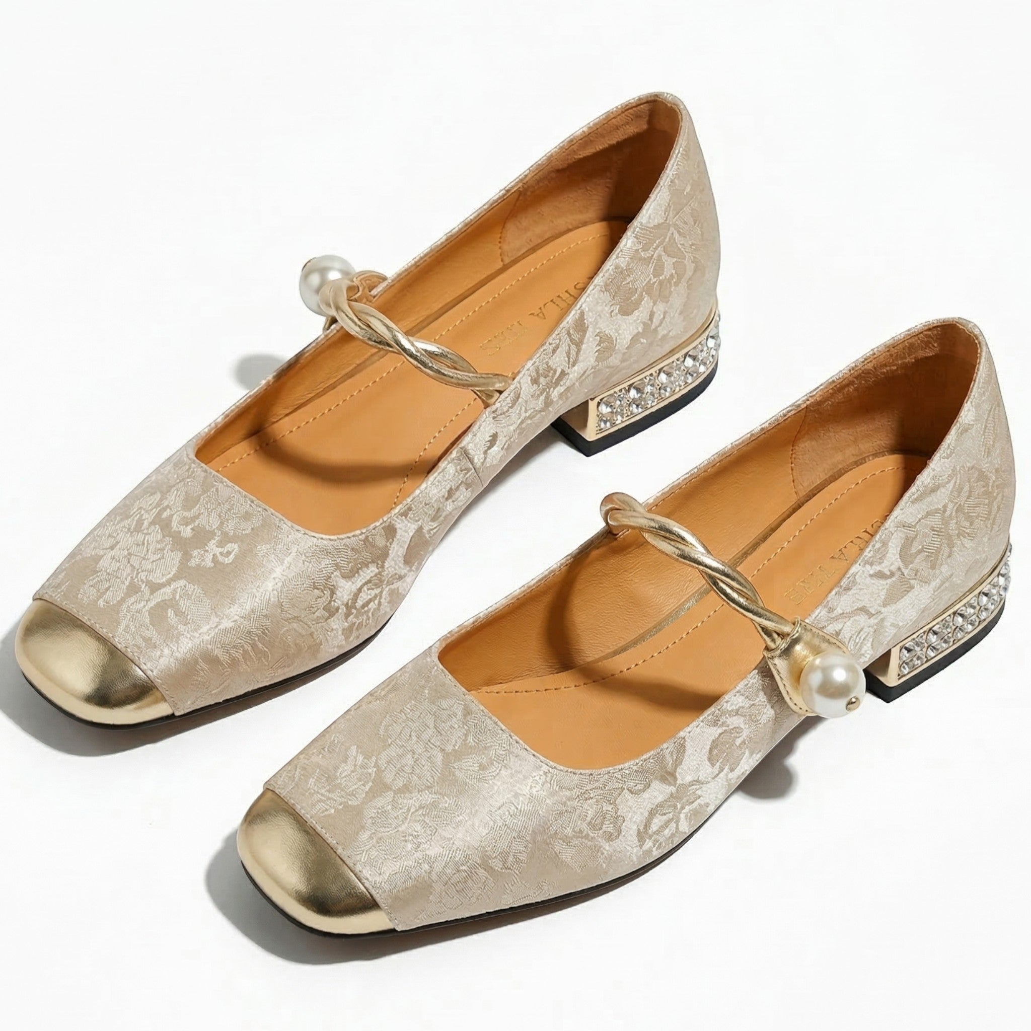 Elena - Women's Low Heel Pumps with Pearl Strap - Sandal - Beige - Parker&Brooks