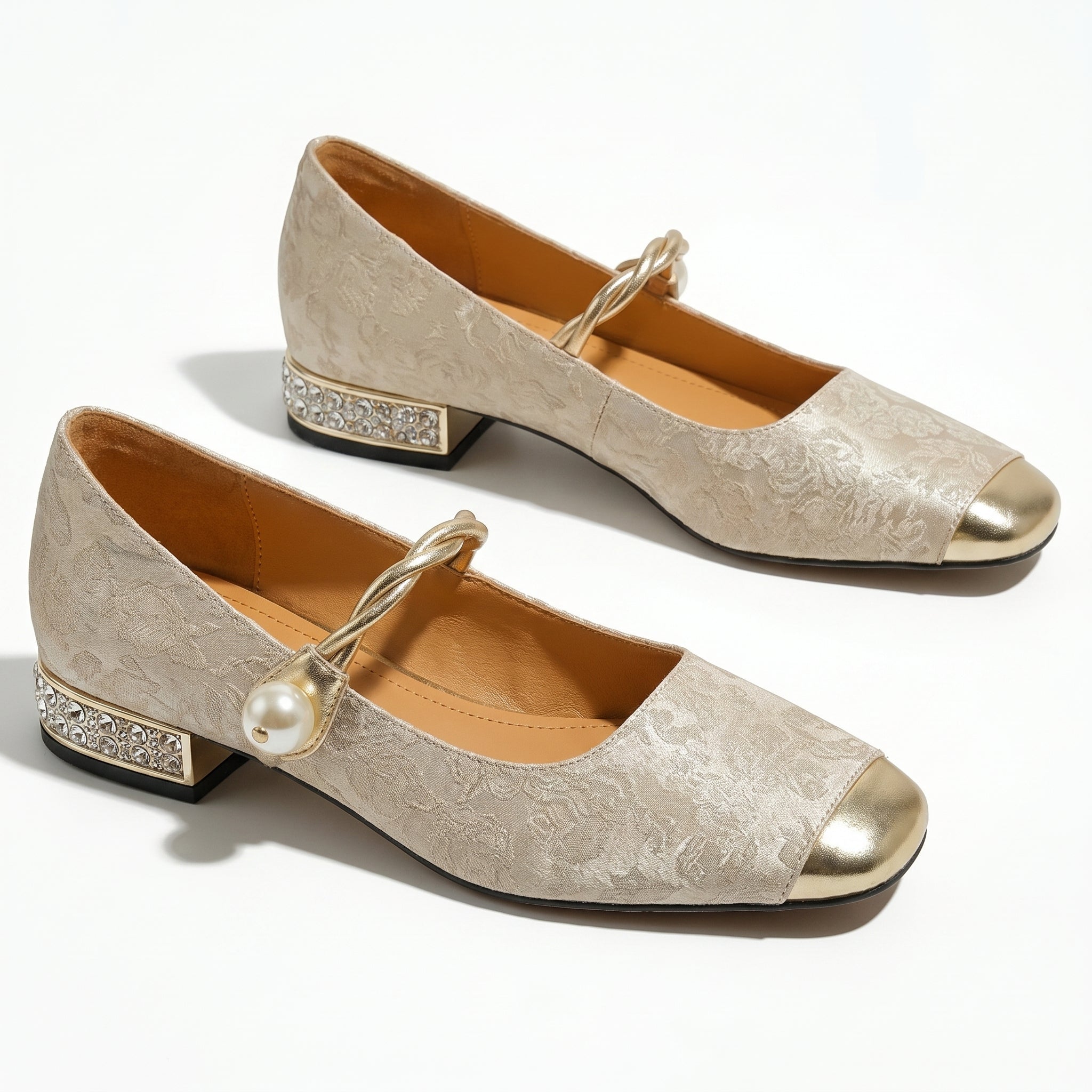 Elena - Women's Low Heel Pumps with Pearl Strap - Sandal - Beige - Parker&Brooks