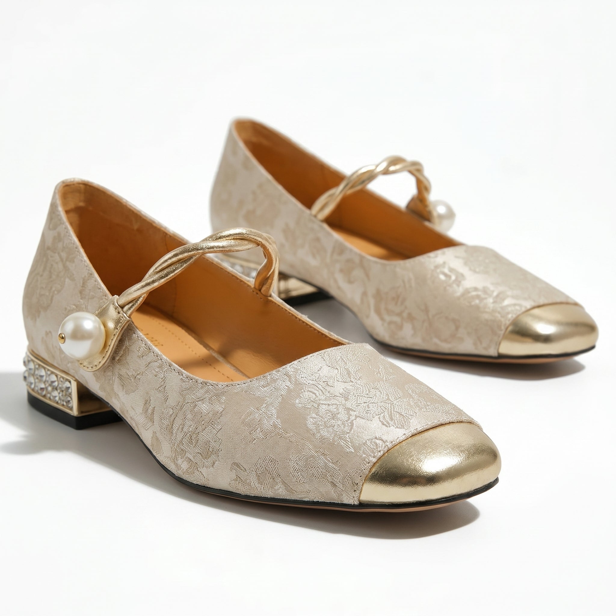 Elena - Women's Low Heel Pumps with Pearl Strap - Sandal - Beige - Parker&Brooks