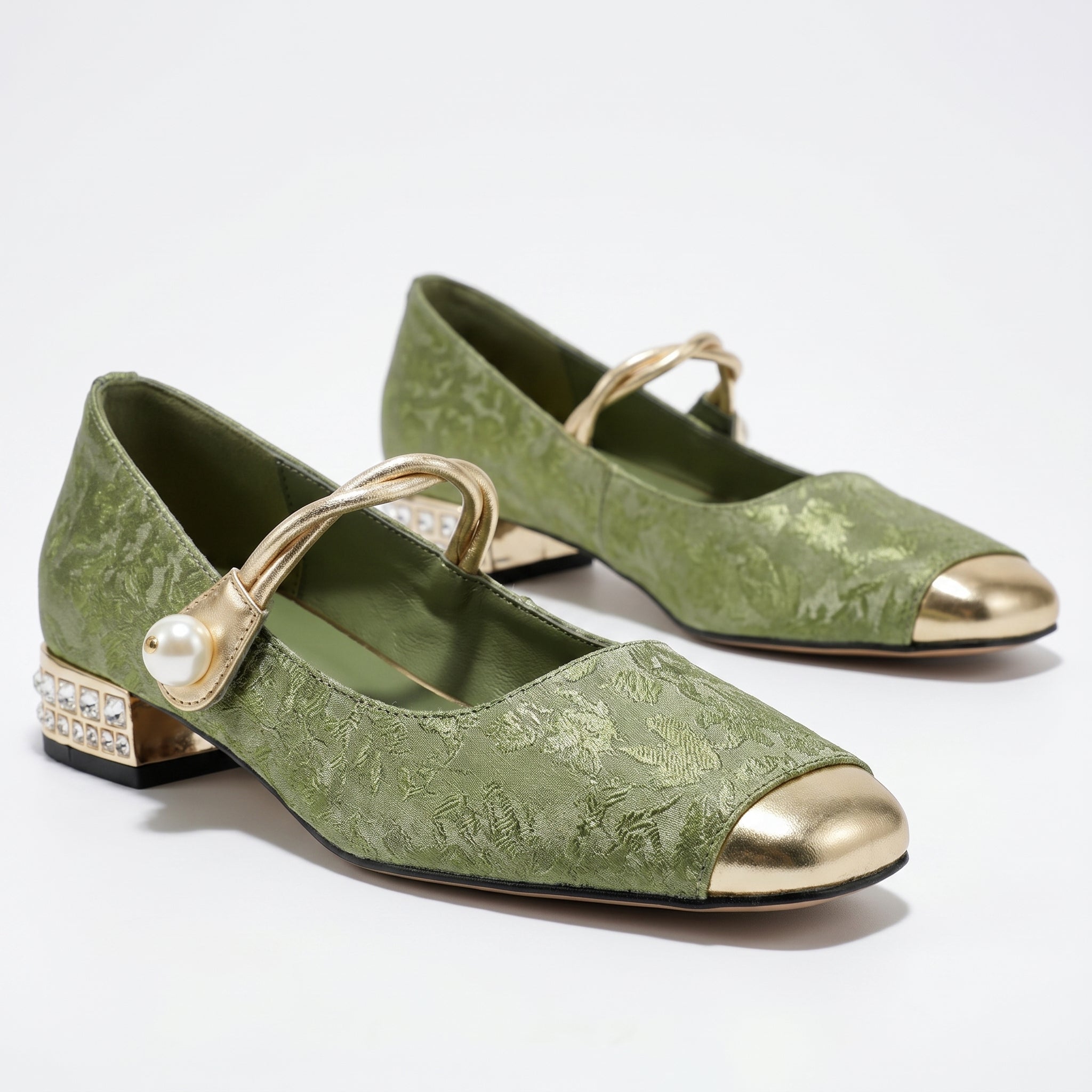Elena - Women's Low Heel Pumps with Pearl Strap - Sandal - Green - Parker&Brooks