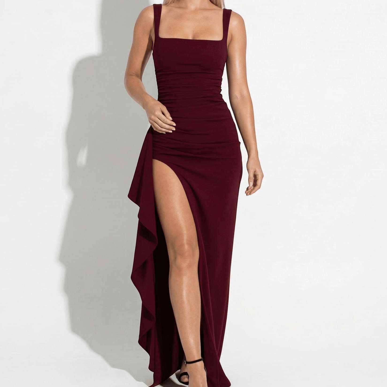 Elena - Women's Elegant Evening Maxi Dress with High Slit - Maxi Dress - Burgundy - Parker&Brooks