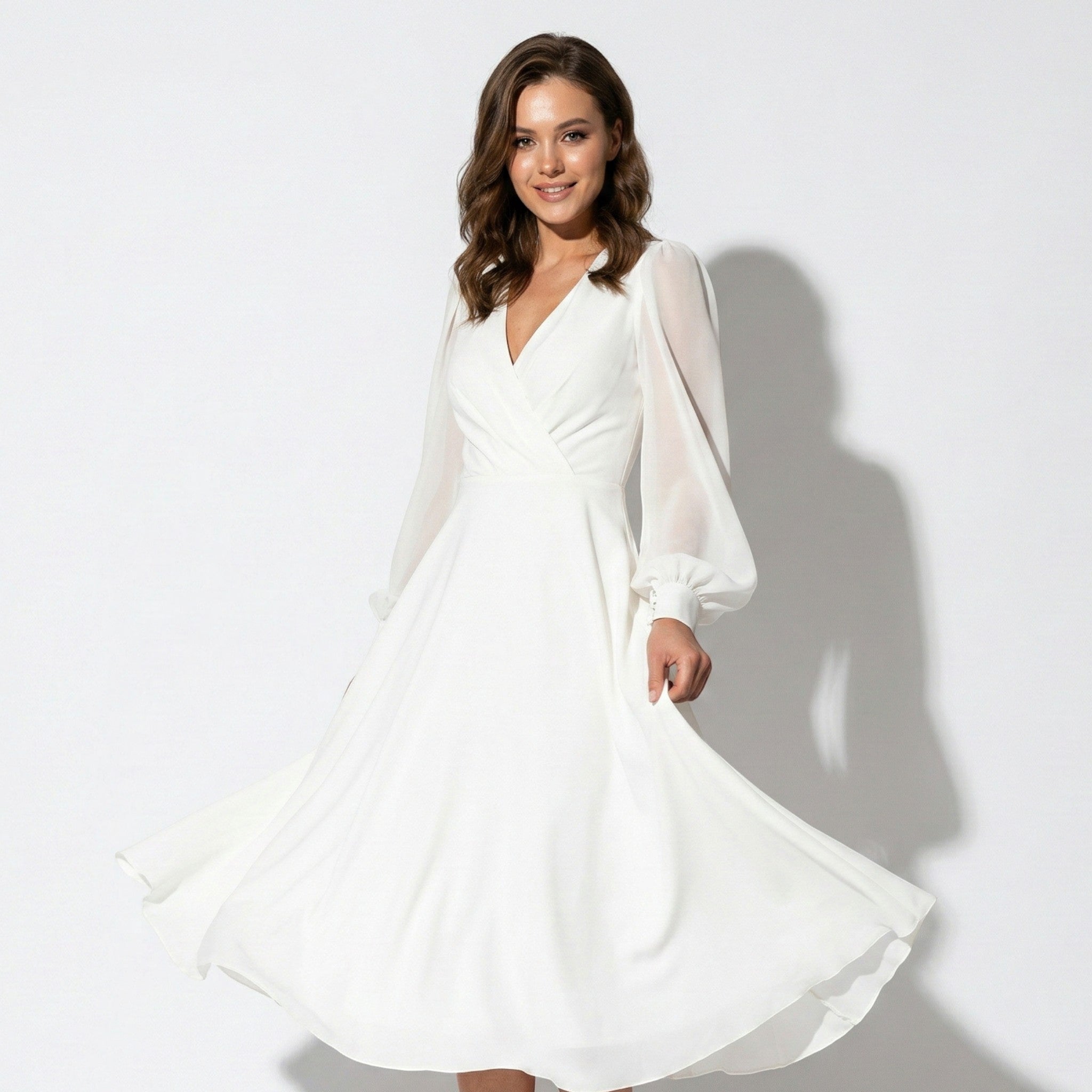 Elena - Women's Long Sleeve Wedding Guest Midi Dress - Dress - White - Parker&Brooks