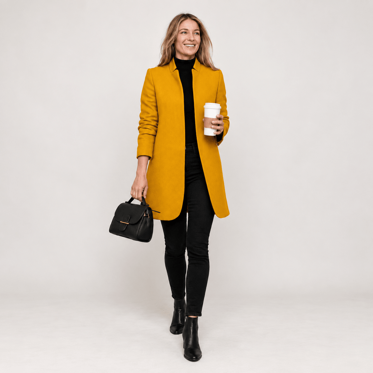 Eliza - Women's Tailored Longline Overcoat with Notch Lapel - Overcoats - Yellow - Parker&Brooks