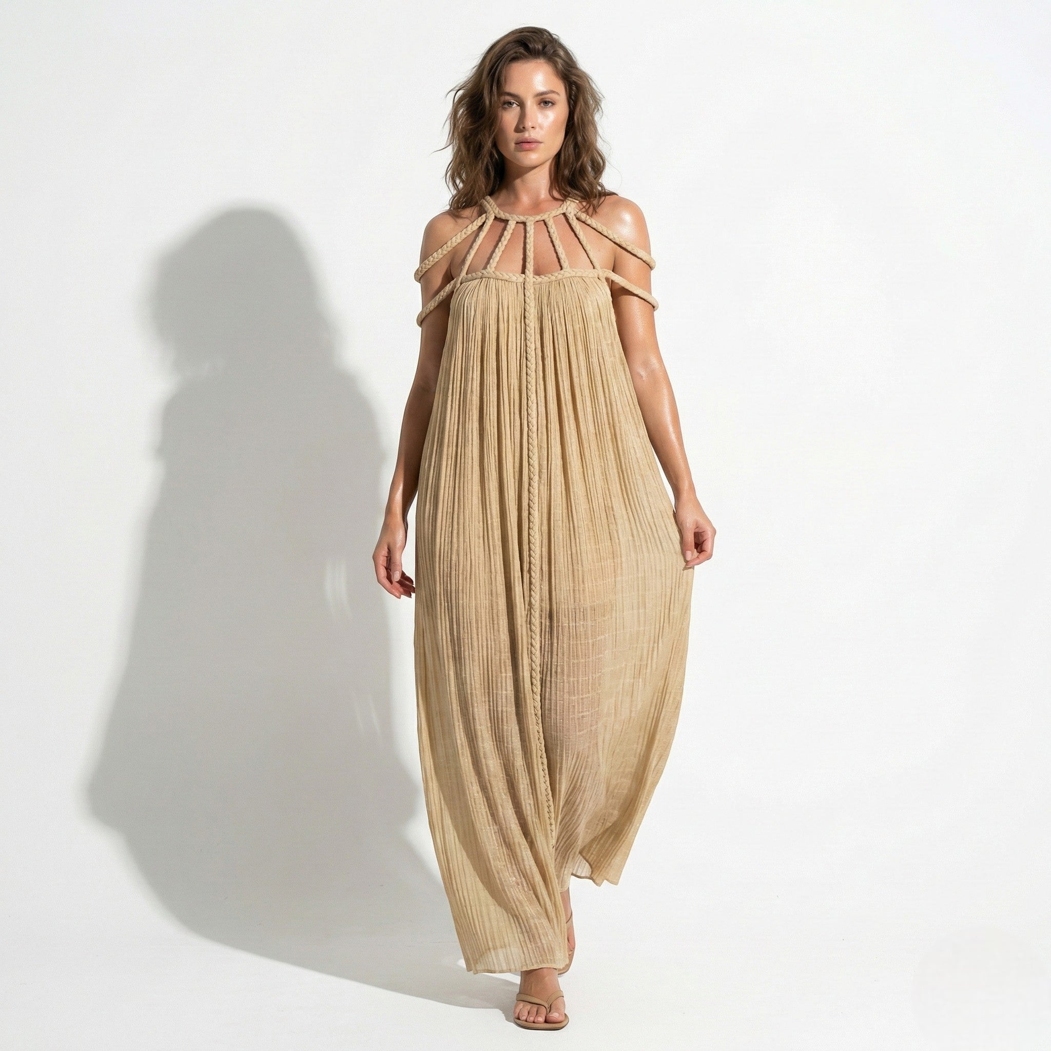 Elizabeth - Women's Summer Sleeveless Draped Maxi Dress - Dresses - Khaki - Parker&Brooks