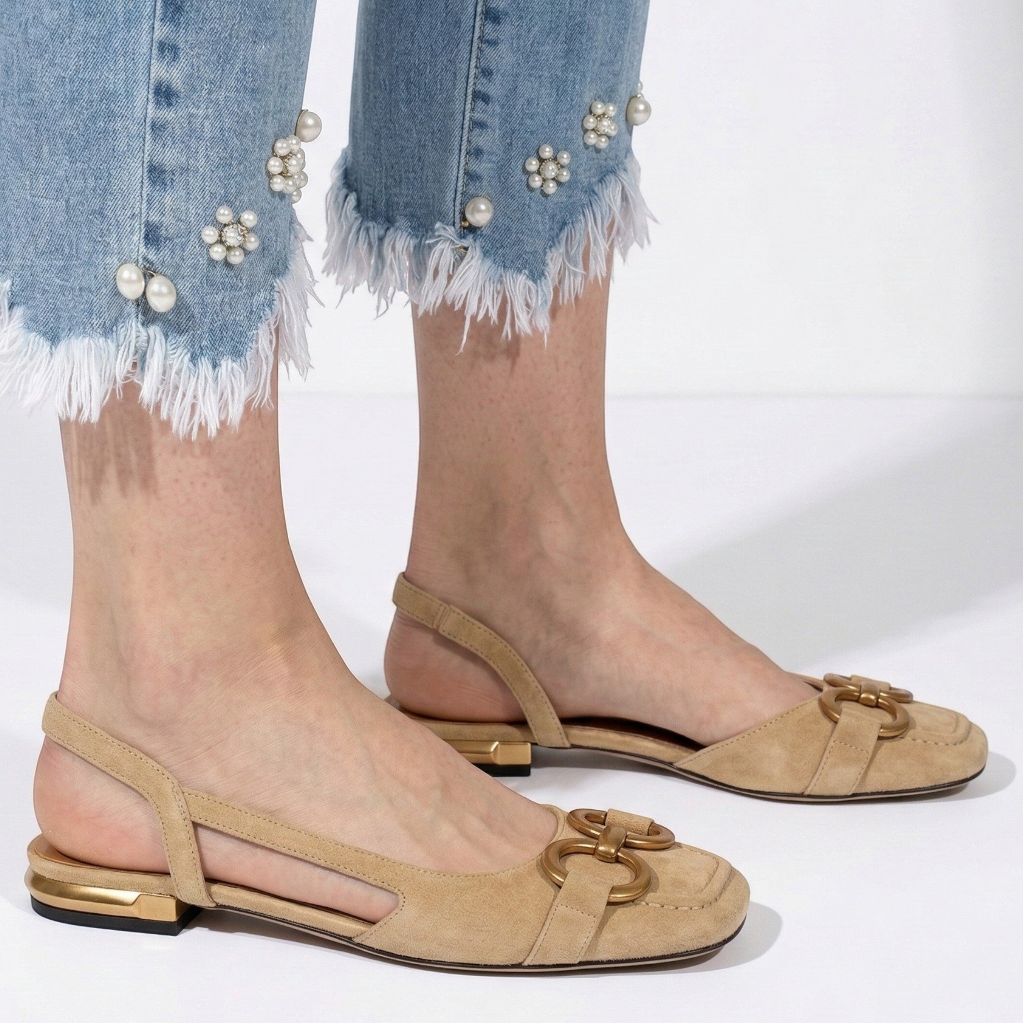 Elizabeth - Women's Metallic Detail Slingback Sandals - Sandal - Beige - Parker&Brooks