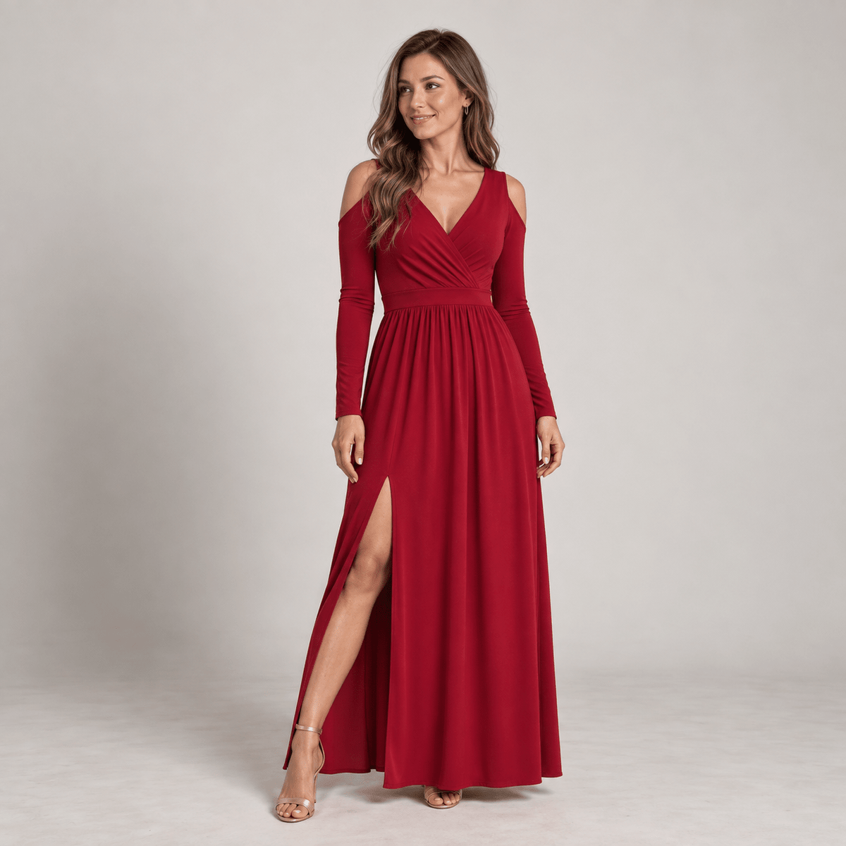 Elora - Women's Wedding Guest Cold-Shoulder Wrap Maxi Dress with Thigh Slit - Dresses - Red - Parker&Brooks