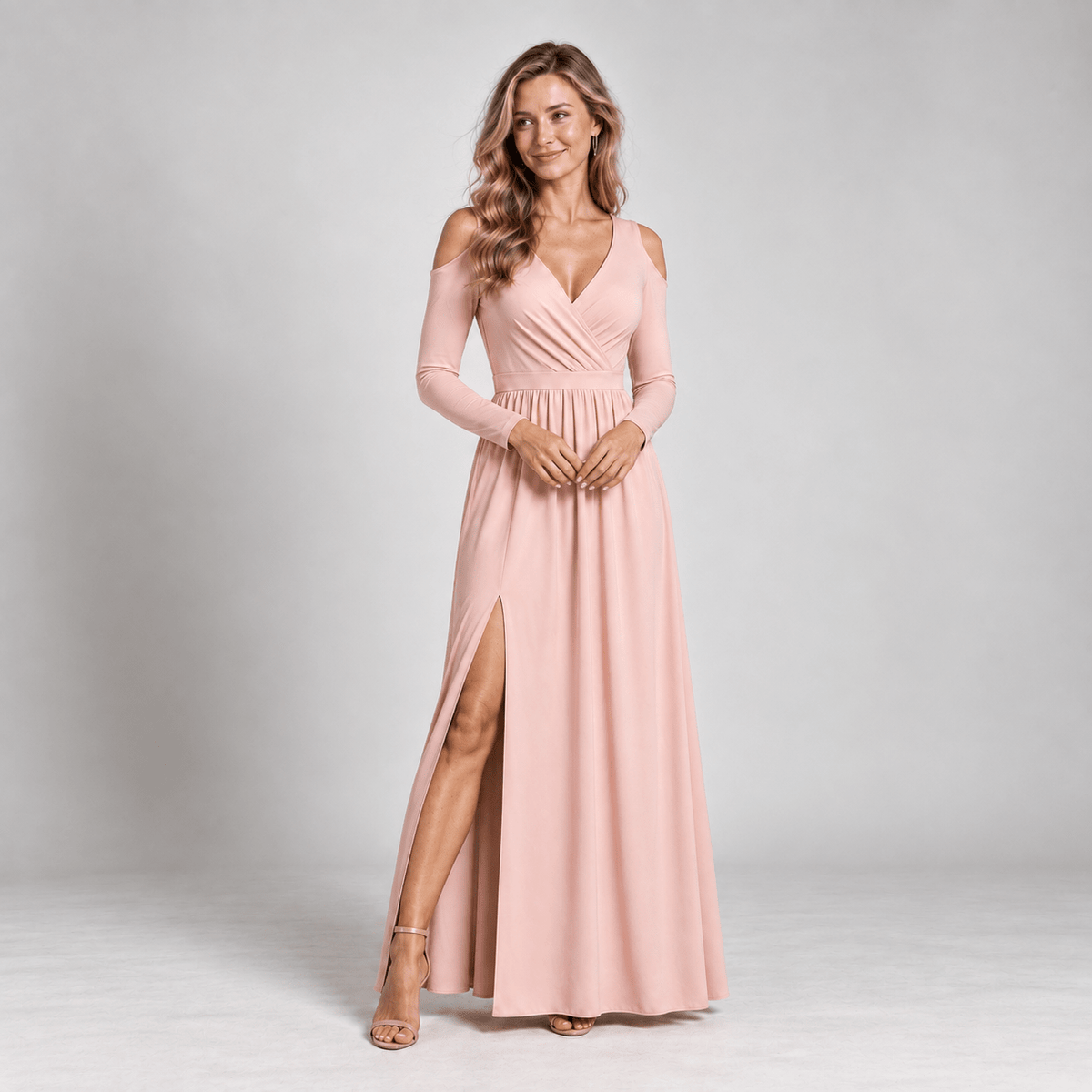 Elora - Women's Wedding Guest Cold-Shoulder Wrap Maxi Dress with Thigh Slit - Dresses - Pink - Parker&Brooks