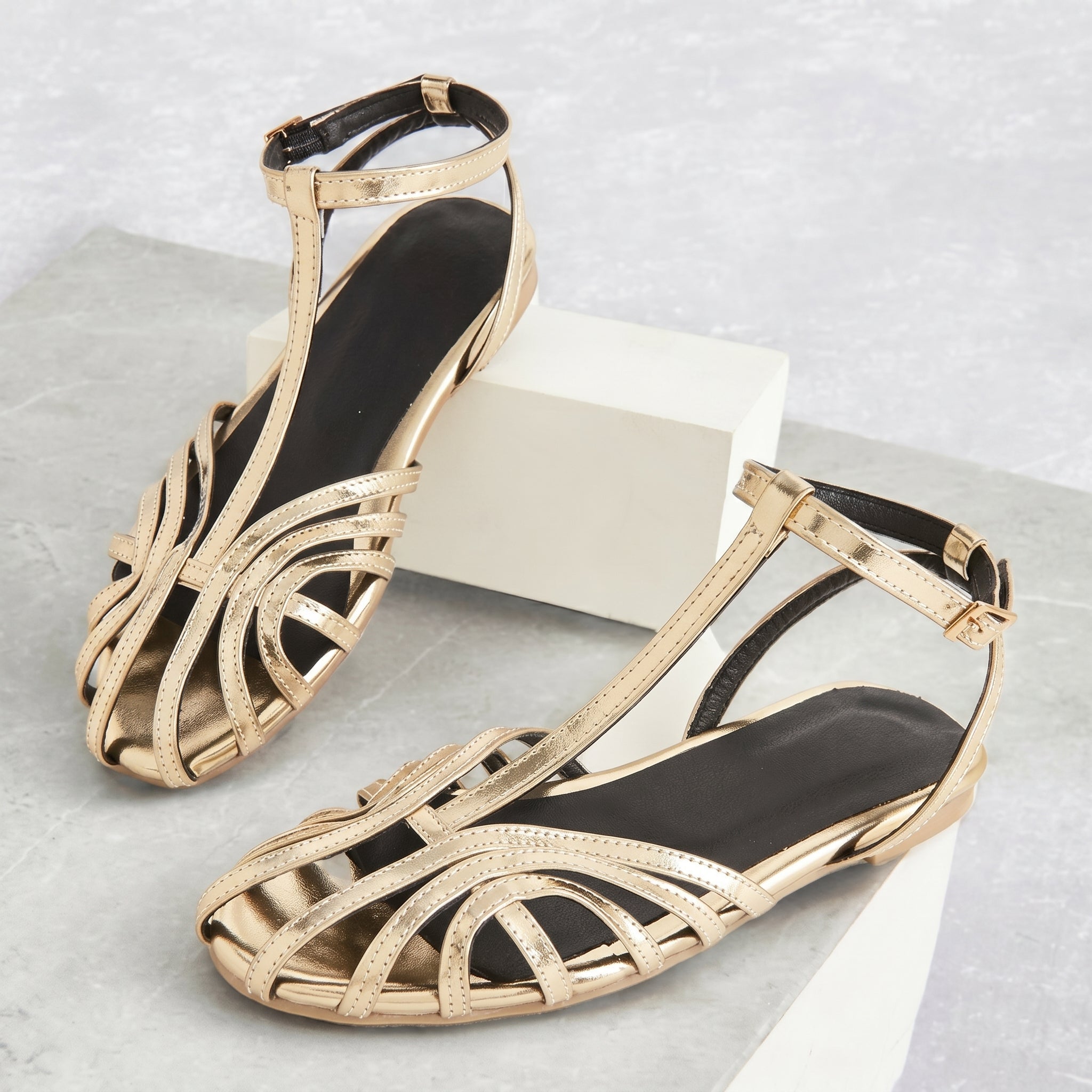Elsa - Women's Open Toe Multi - Strap Flat Ankle Strap Sandals - Sandals - Grey - Parker&Brooks