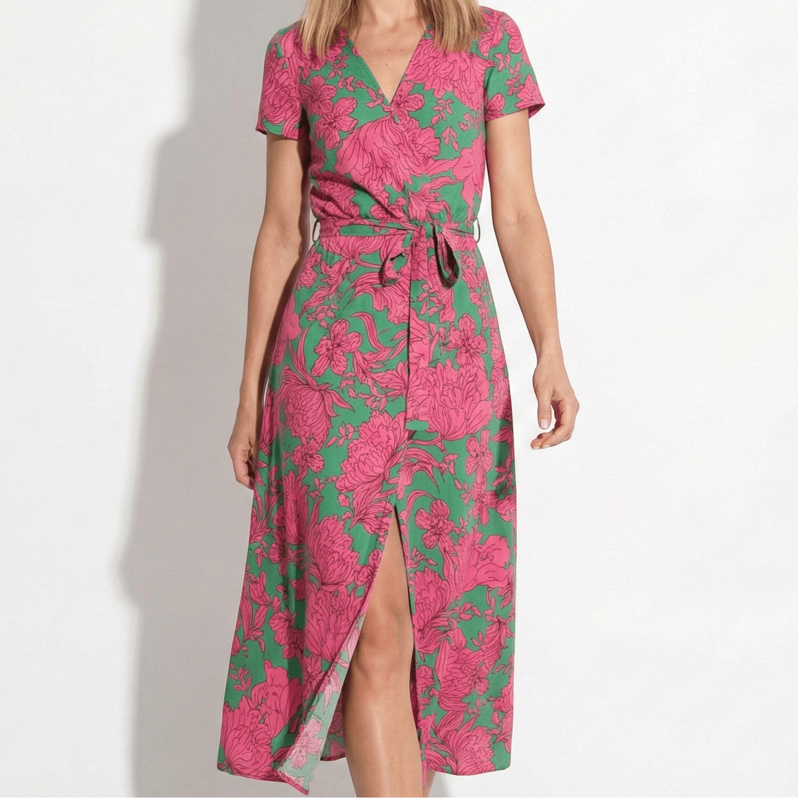 Emily - Women's Floral Wrap Maxi Dress with V - Neck - Dress - Pink - Parker&Brooks