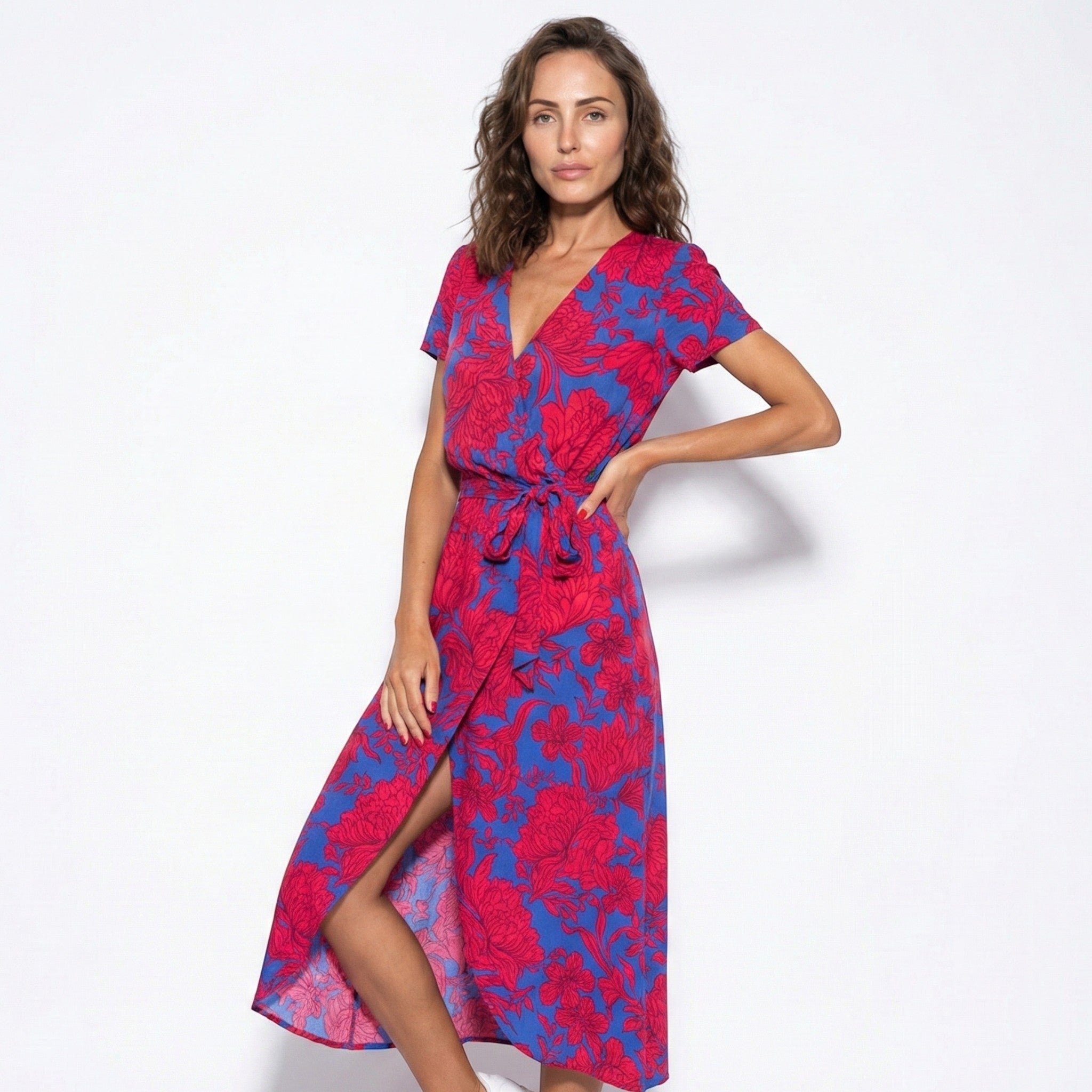 Emily - Women's Floral Wrap Maxi Dress with V - Neck - Dress - Red/Blue - Parker&Brooks