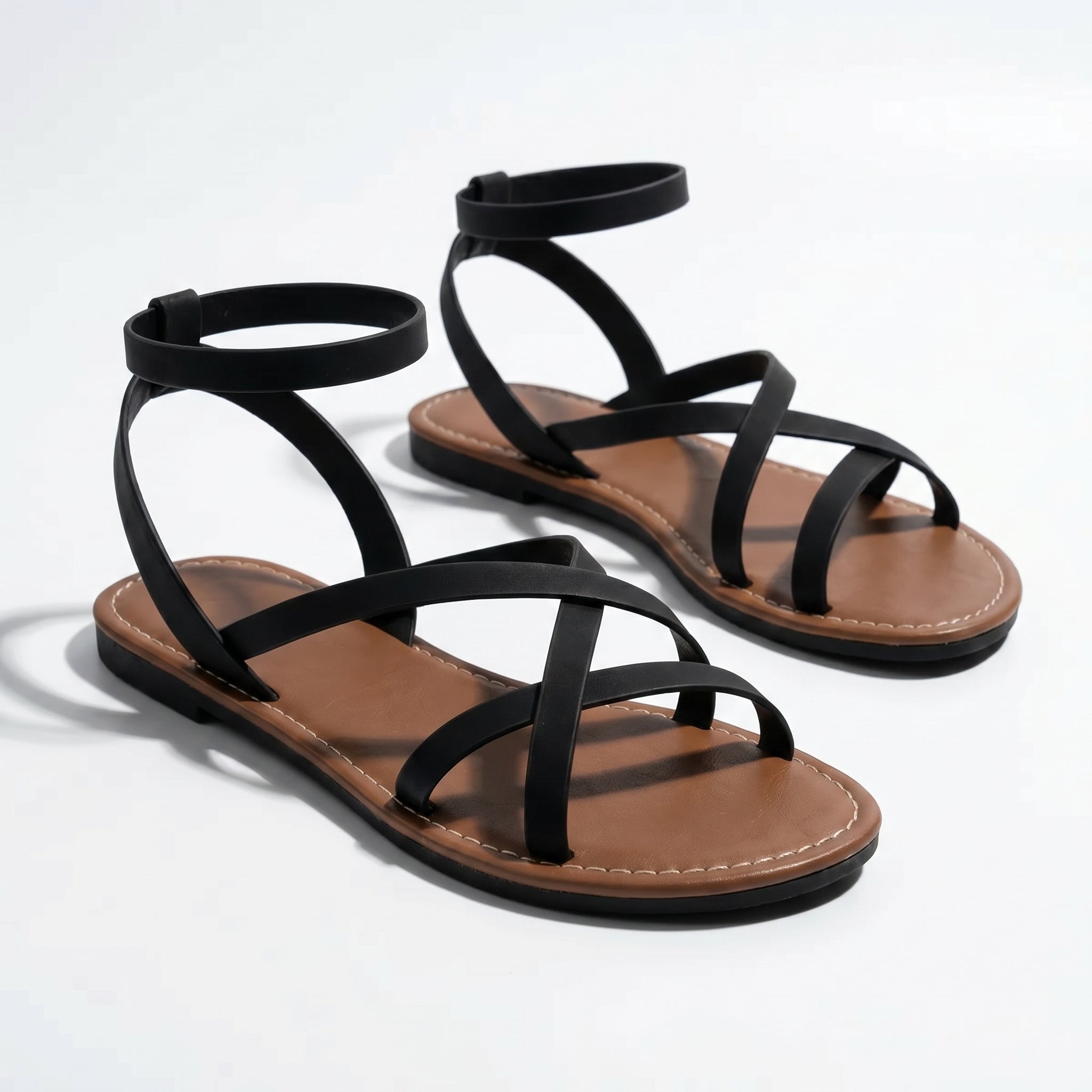 Emily - Women's Summer Flat Strap Sandals - Sandals - Black - Parker&Brooks
