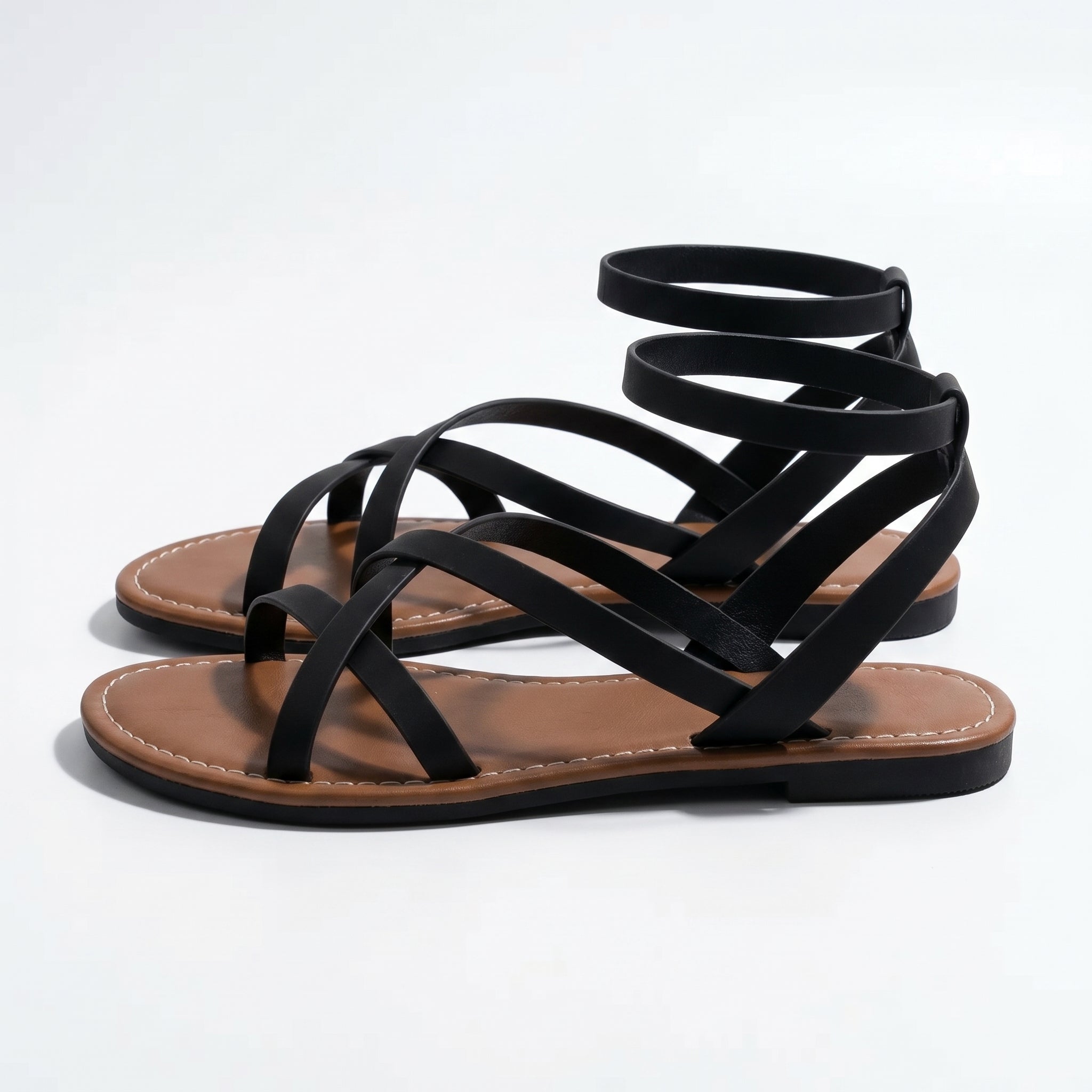 Emily - Women's Summer Flat Strap Sandals - Sandals - Black - Parker&Brooks
