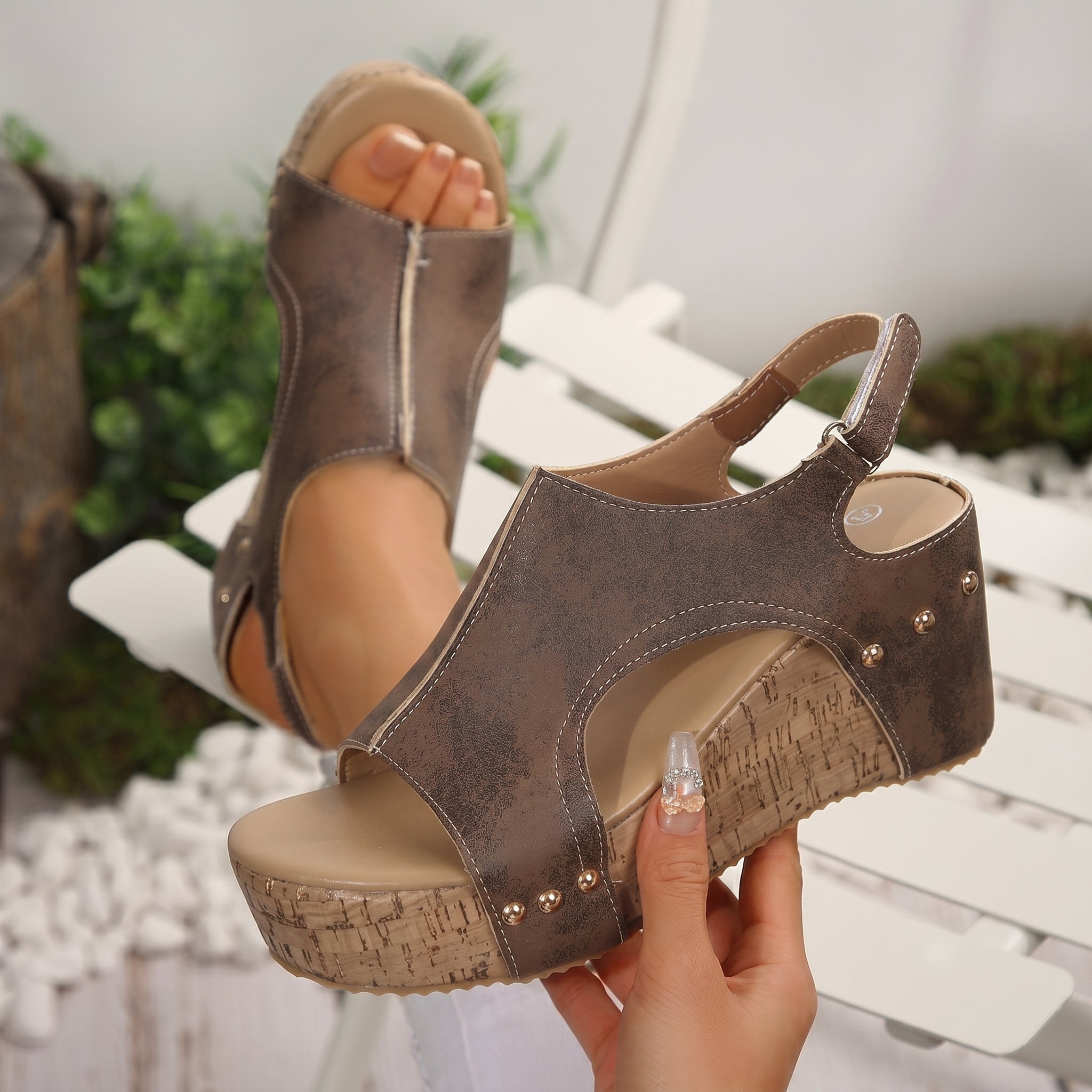 Emma - Women's Cork Wedge Slingback Sandals - Sandal - Khaki - Parker&Brooks