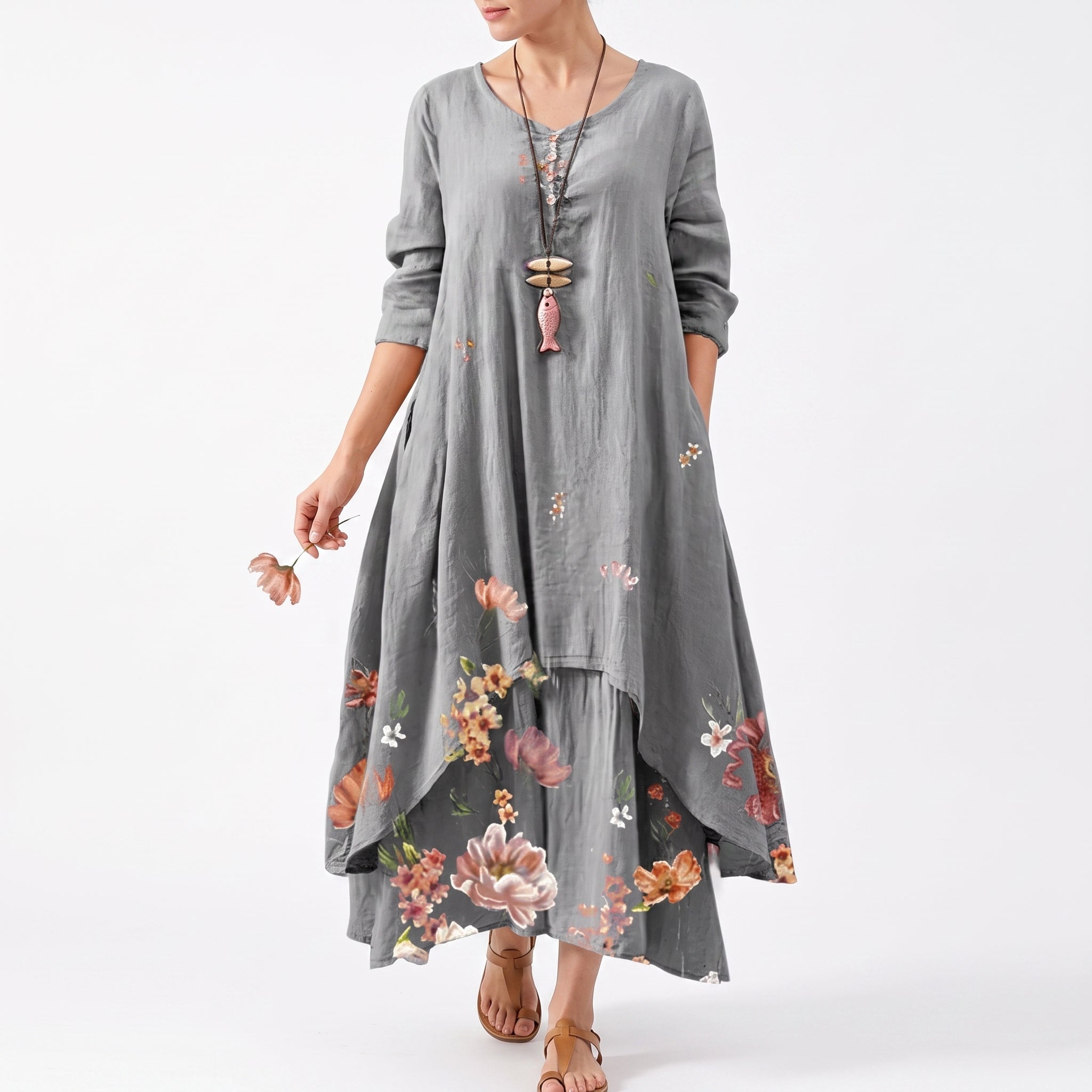 Emma - Women's Summer Floral Border Print Maxi Dress - Dresses - Gray - Parker&Brooks