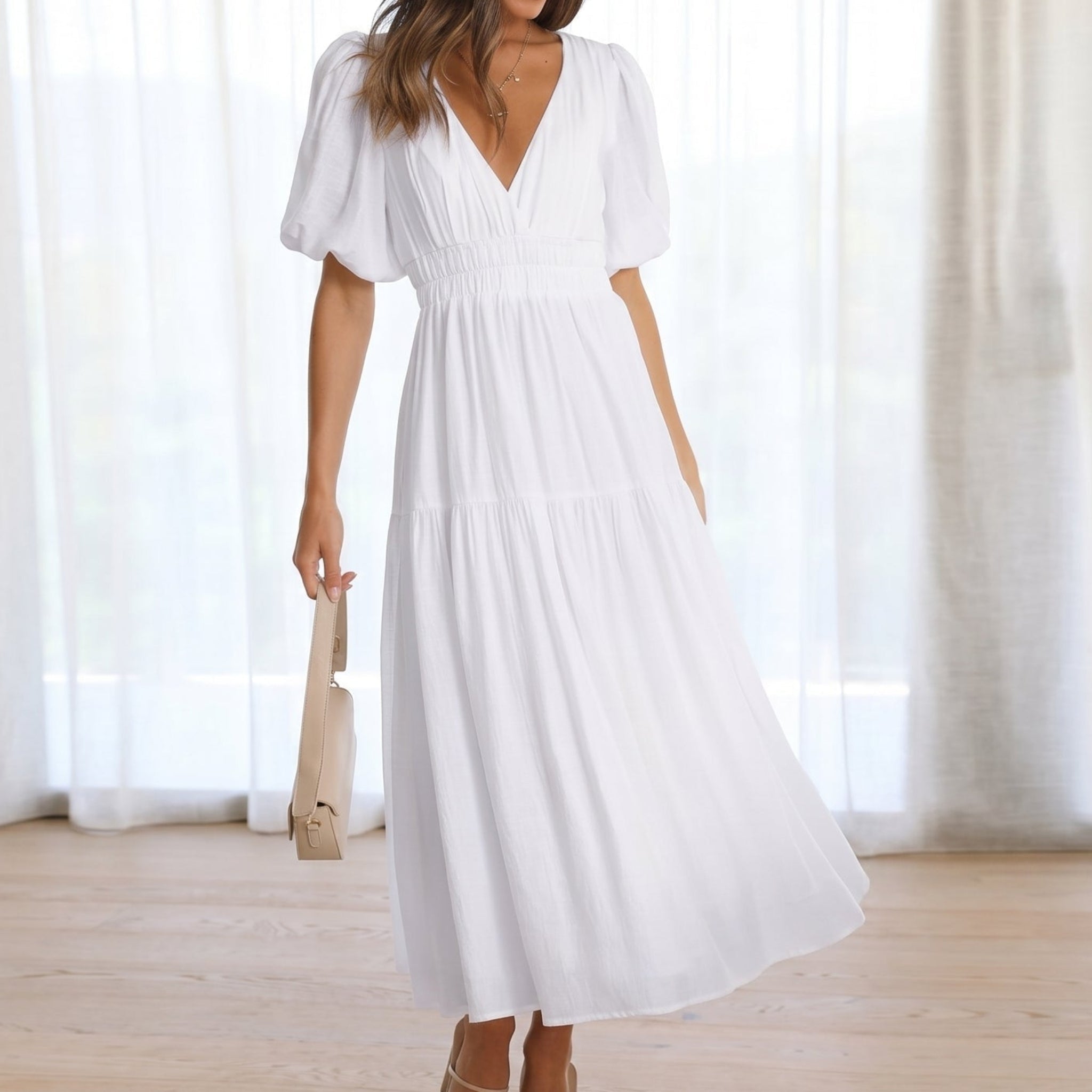 Emma - Women's Summer Smocked Waist Maxi Dress - Maxi Dresses - White - Parker&Brooks