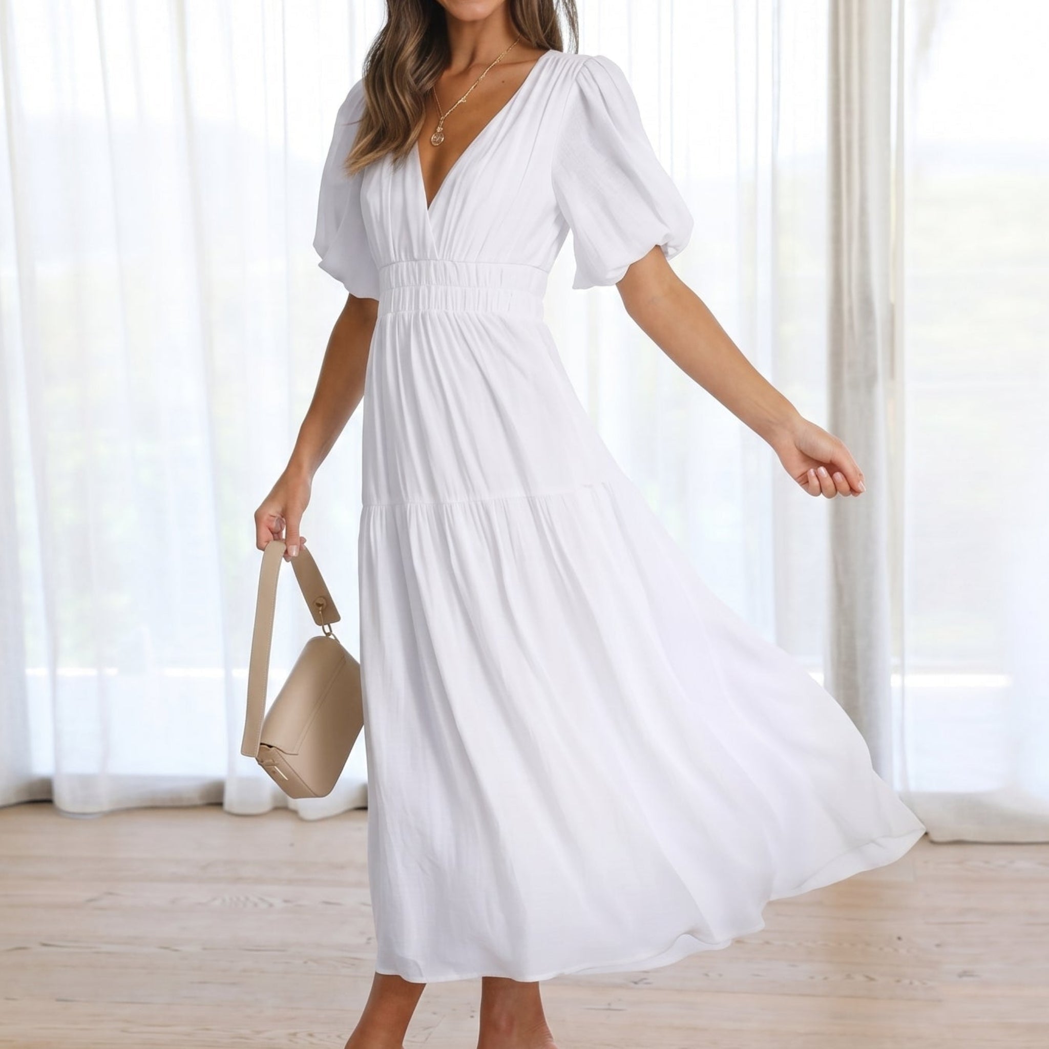 Emma - Women's Summer Smocked Waist Maxi Dress - Maxi Dresses - White - Parker&Brooks