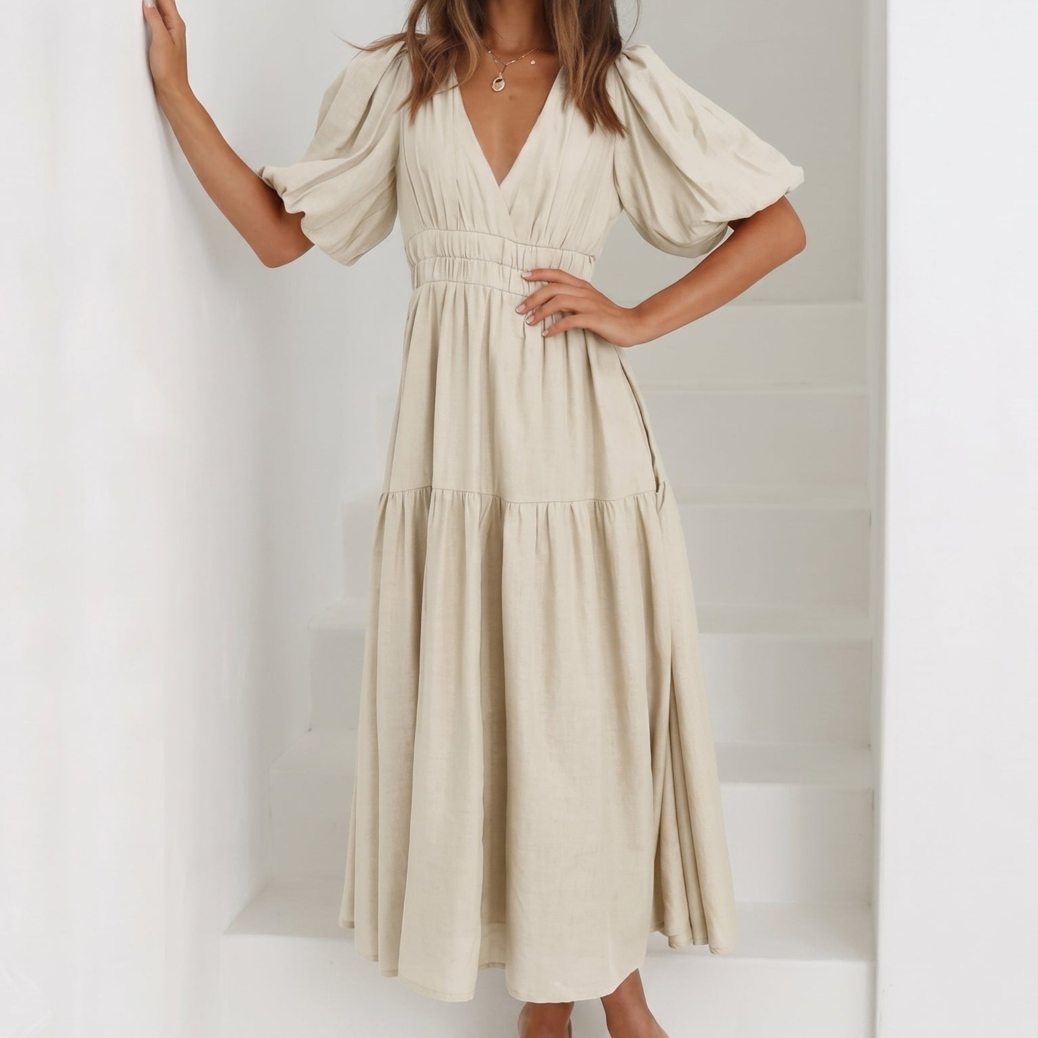 Emma - Women's Summer Smocked Waist Maxi Dress - Maxi Dresses - Cream - Parker&Brooks
