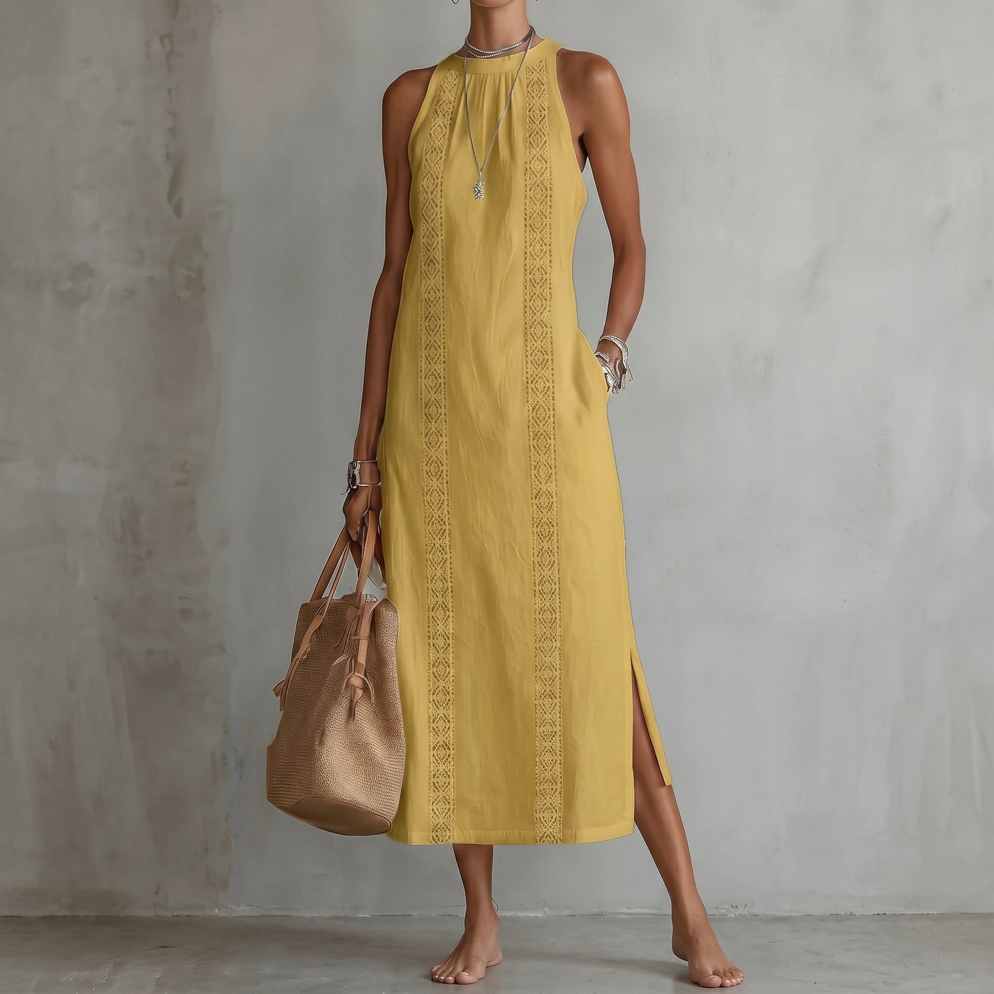 Evelin - Women's Summer Lace Panel Side Split Maxi Dress - Maxi Dress - Yellow - Parker&Brooks