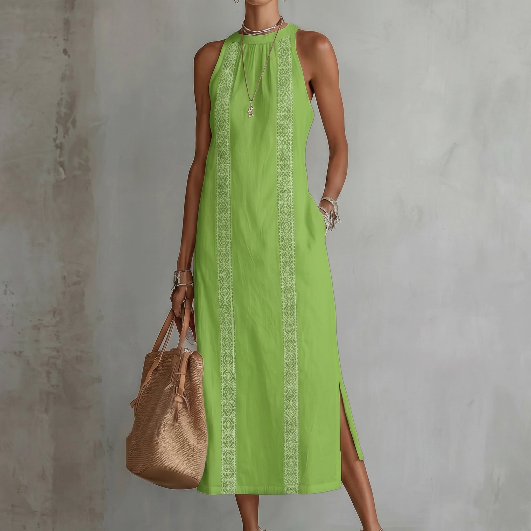 Evelin - Women's Summer Lace Panel Side Split Maxi Dress - Maxi Dress - Green - Parker&Brooks