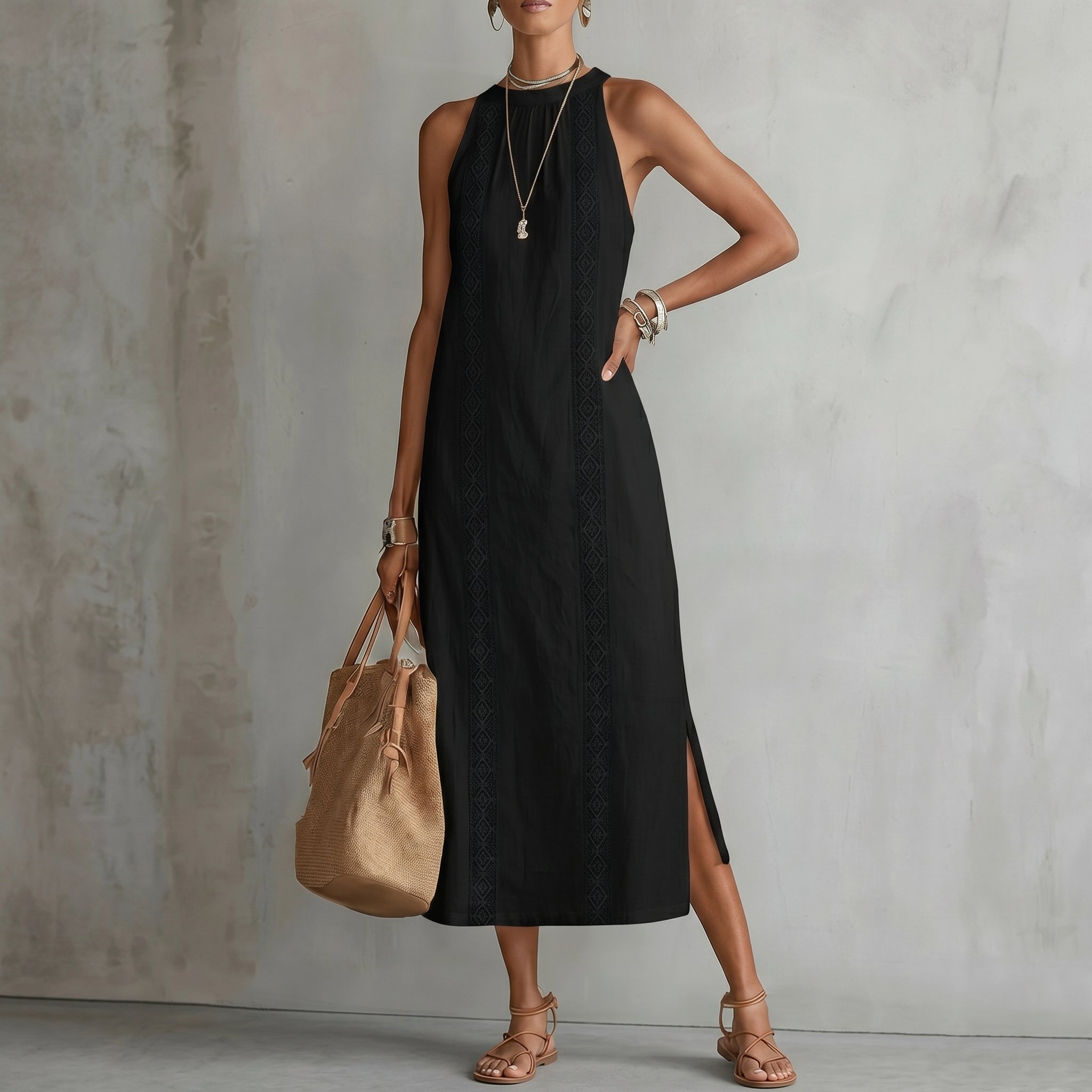 Evelin - Women's Summer Lace Panel Side Split Maxi Dress - Maxi Dress - Black - Parker&Brooks