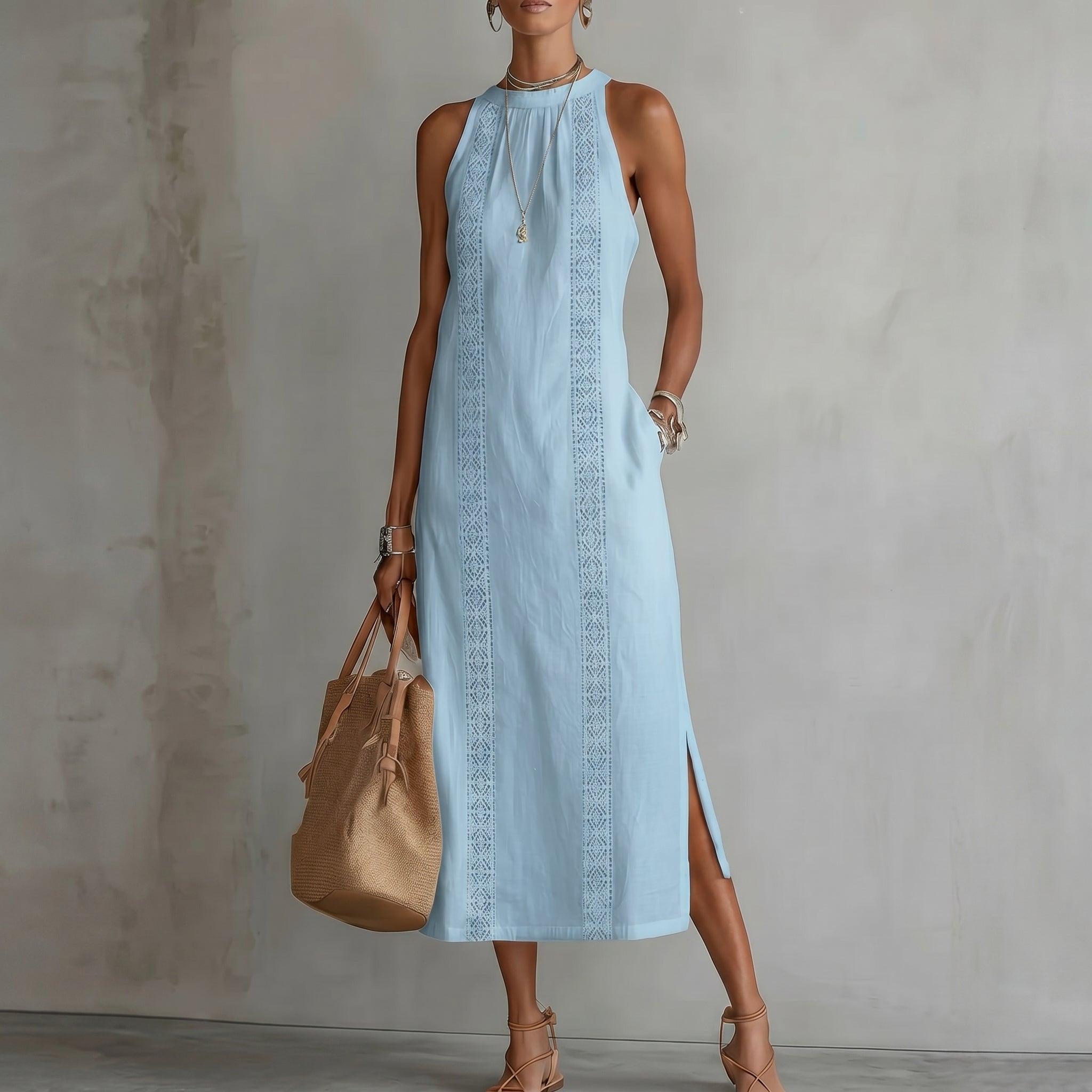Evelin - Women's Summer Lace Panel Side Split Maxi Dress - Maxi Dress - Blue - Parker&Brooks