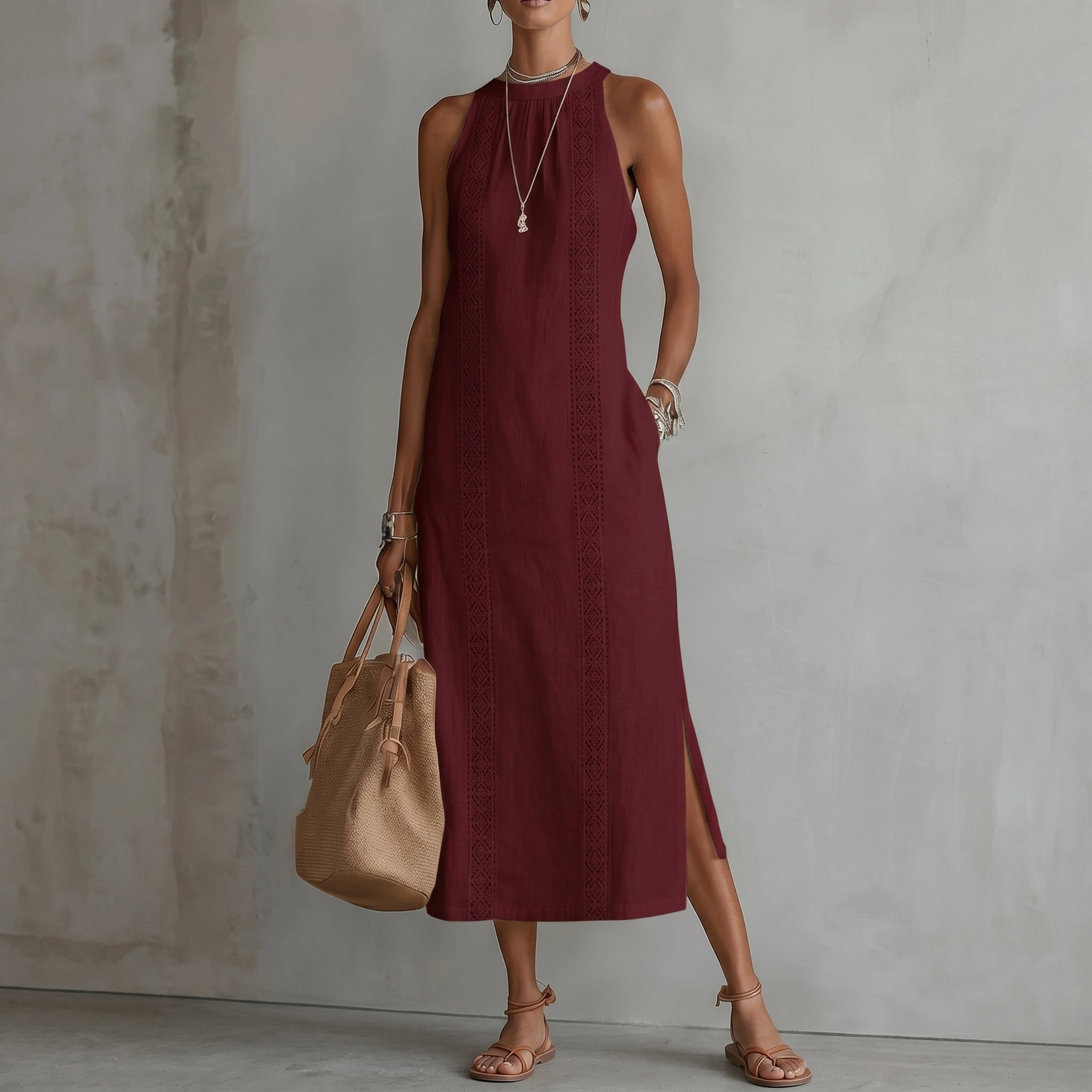 Evelin - Women's Summer Lace Panel Side Split Maxi Dress - Maxi Dress - Red - Parker&Brooks