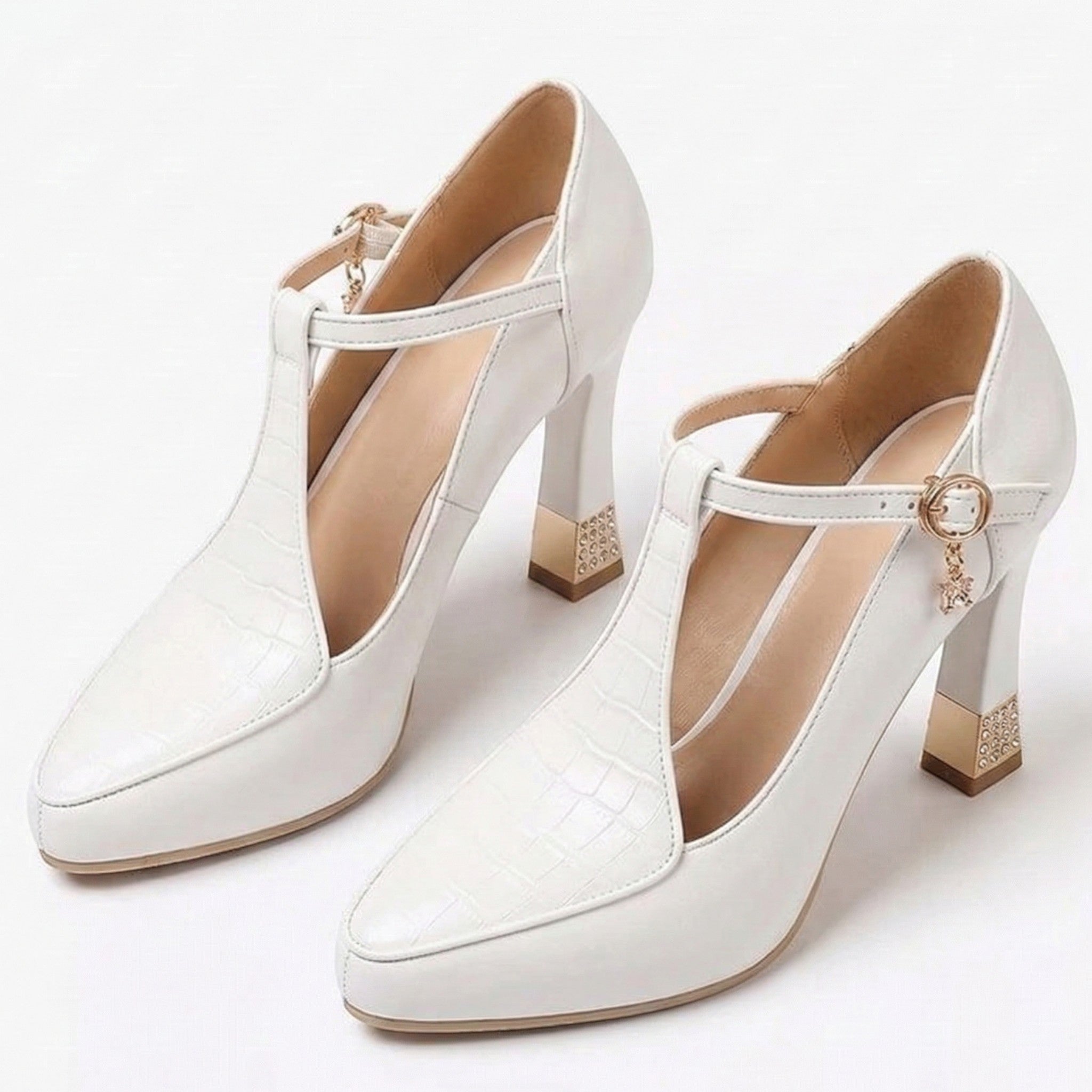 Evie - Women's T - Strap Block Heels - Sandal - White - Parker&Brooks