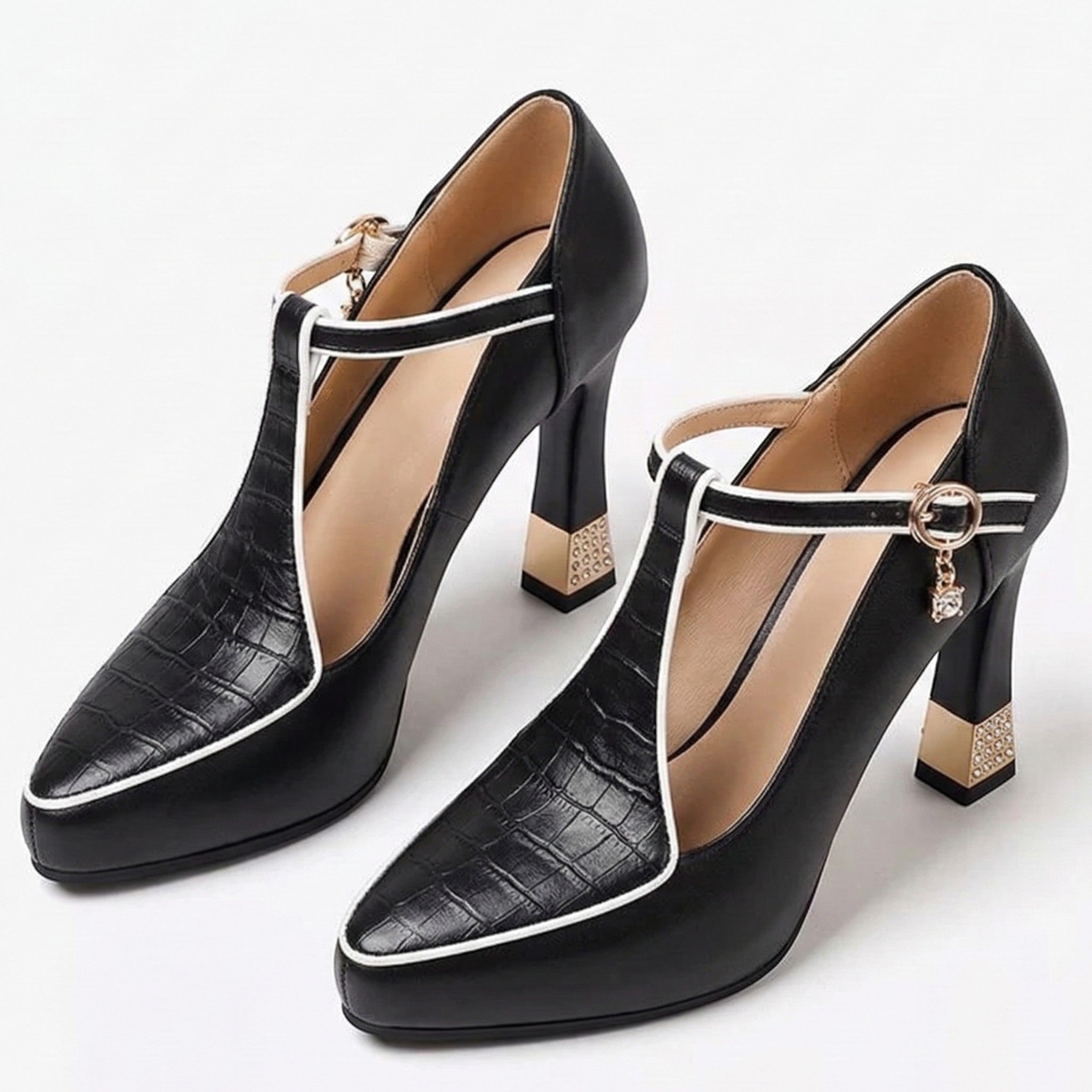 Evie - Women's T - Strap Block Heels - Sandal - Black - Parker&Brooks