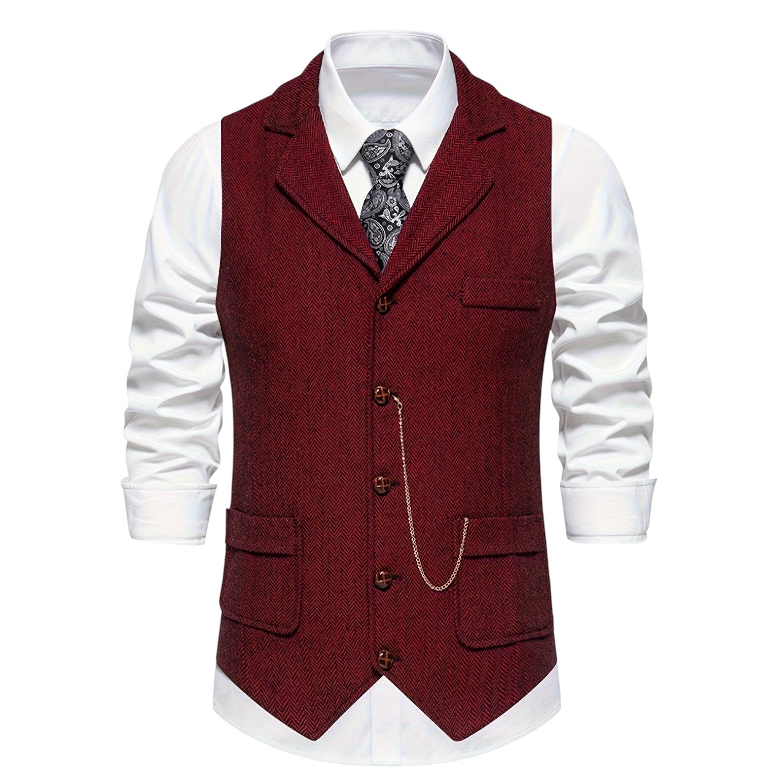 Men's Tweed Herringbone Vest with Notch Lapel and Six-Button Front
