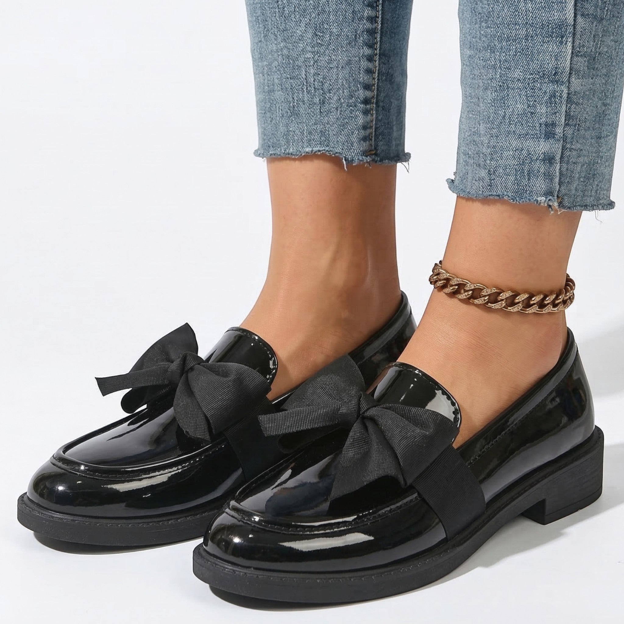 Florence - Women's Platform Loafers with Bow Detail - Loafers - Glossy Black - Parker&Brooks