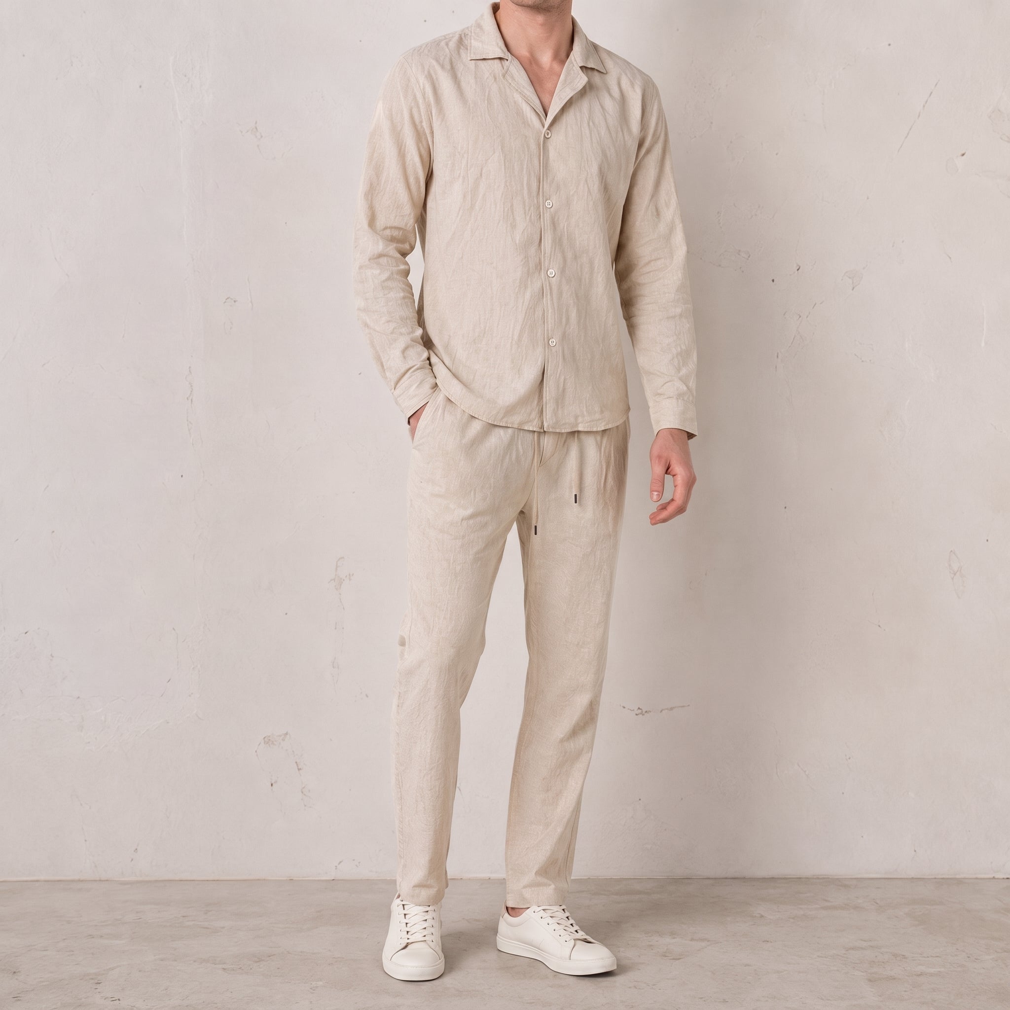 Frederick - Men's Summer Cuban Collar Tapered Cotton Co-ord Set - Outfit Sets - Beige - Parker&Brooks