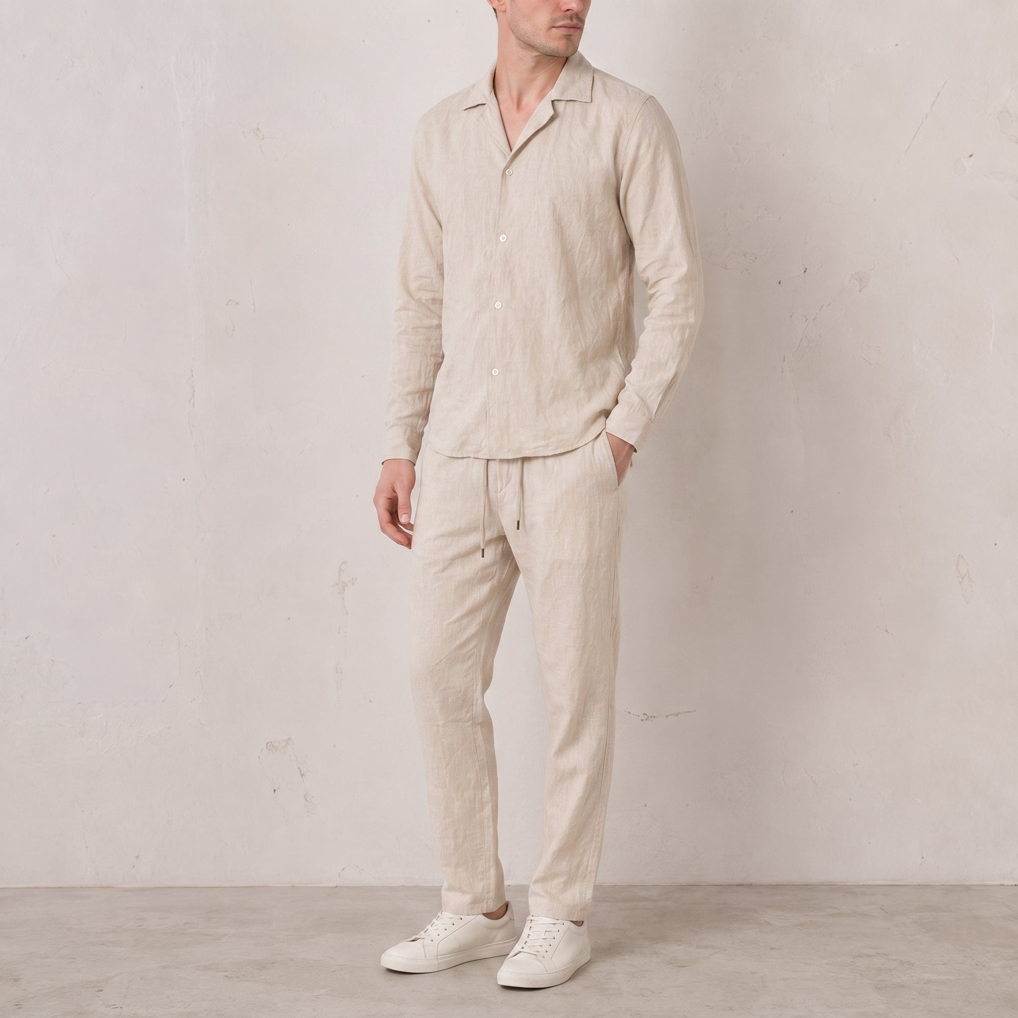 Frederick - Men's Summer Cuban Collar Tapered Cotton Co-ord Set - Outfit Sets - Beige - Parker&Brooks
