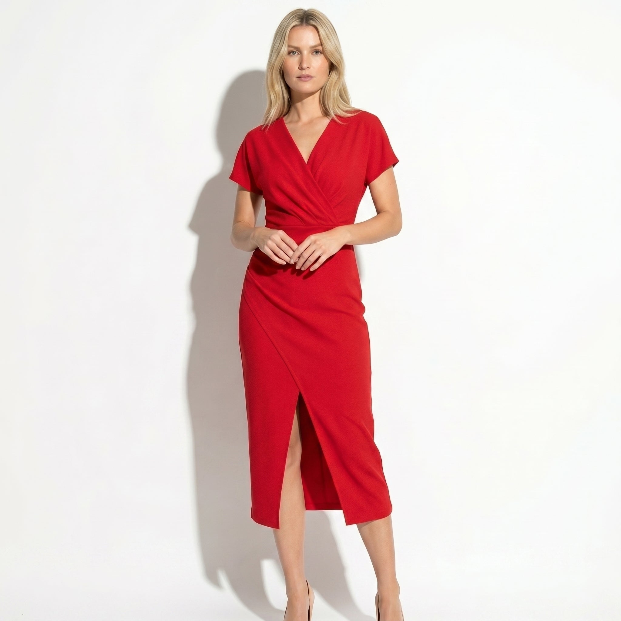 Freya - Women's Ruched Bodycon Casual Midi Dress - Dresses - Red - Parker&Brooks