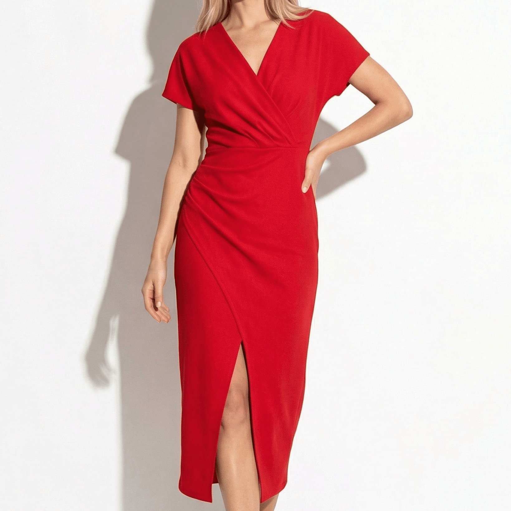 Freya - Women's Ruched Bodycon Casual Midi Dress - Dresses - Red - Parker&Brooks