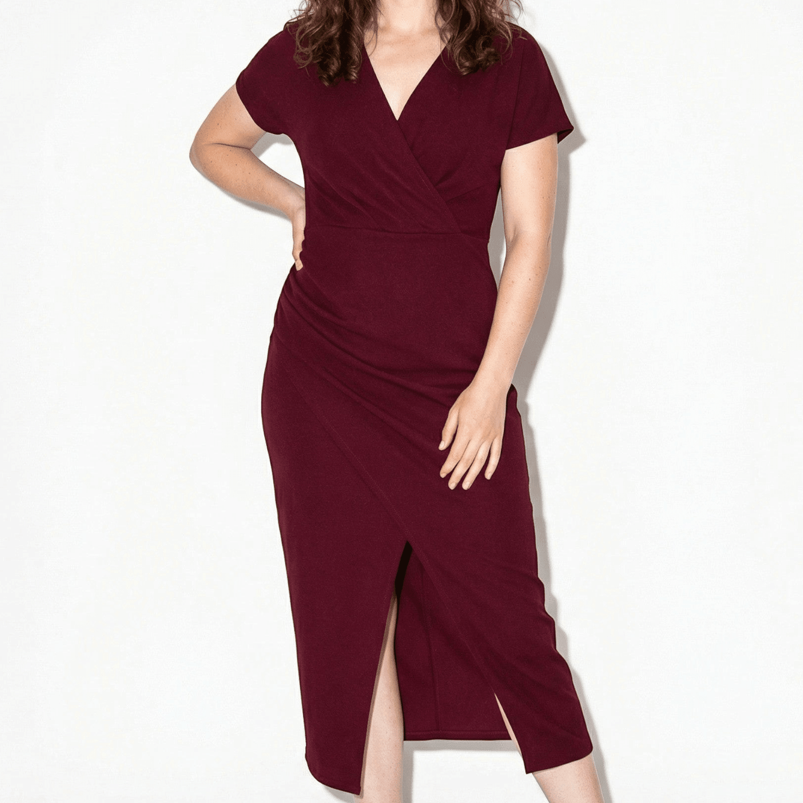 Freya - Women's Ruched Bodycon Casual Midi Dress - Dresses - Burgundy - Parker&Brooks