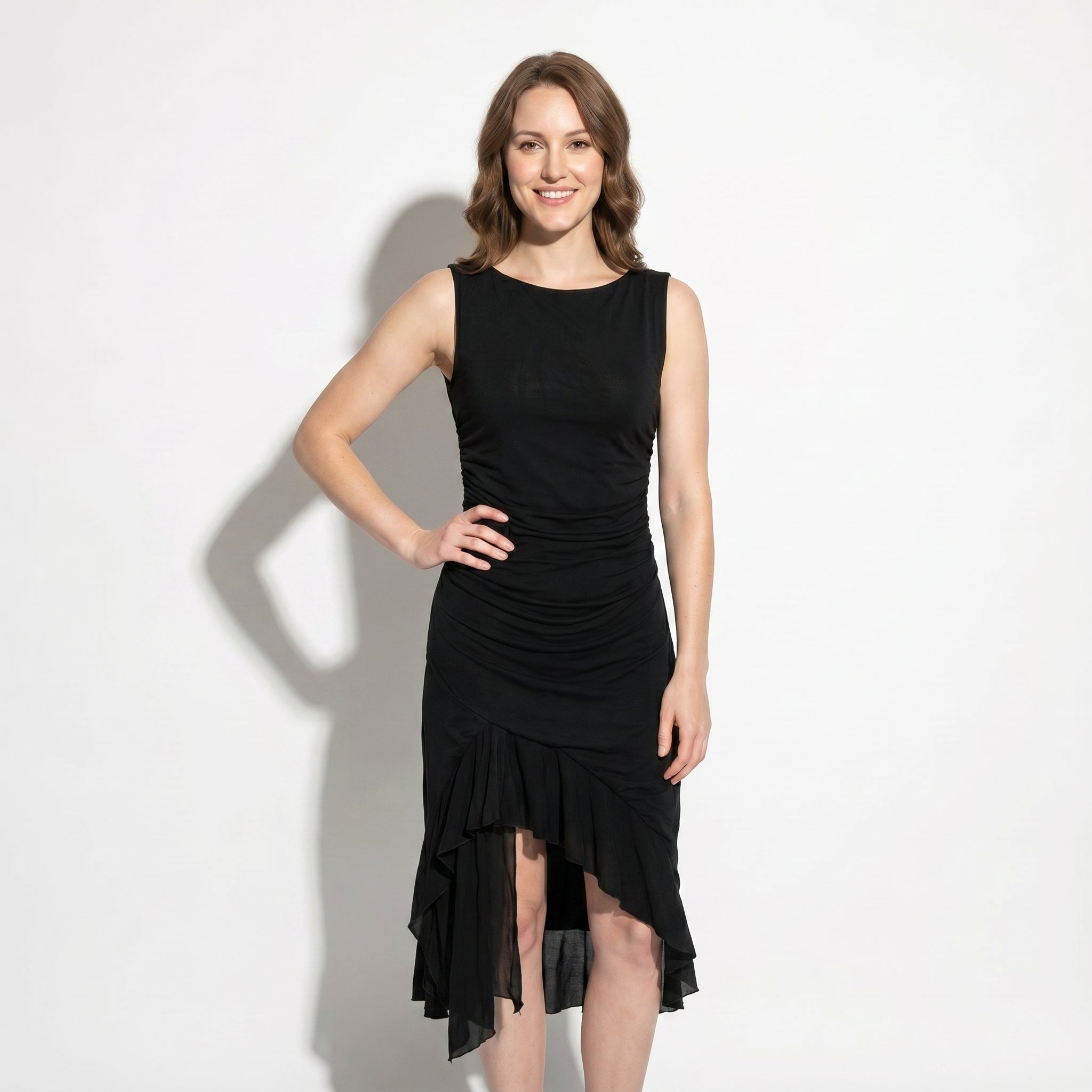 Freya - Women's Ruched Sleeveless Party Midi Dress - Midi Dresses - Black - Parker&Brooks