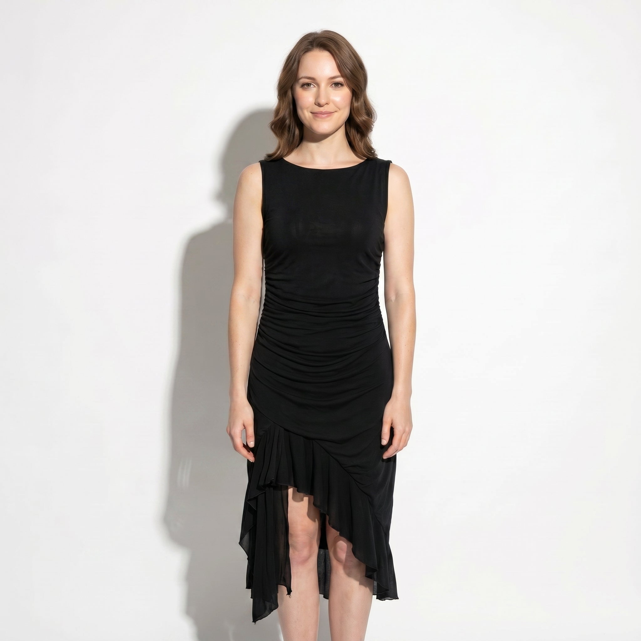 Freya - Women's Ruched Sleeveless Party Midi Dress - Midi Dresses - Black - Parker&Brooks