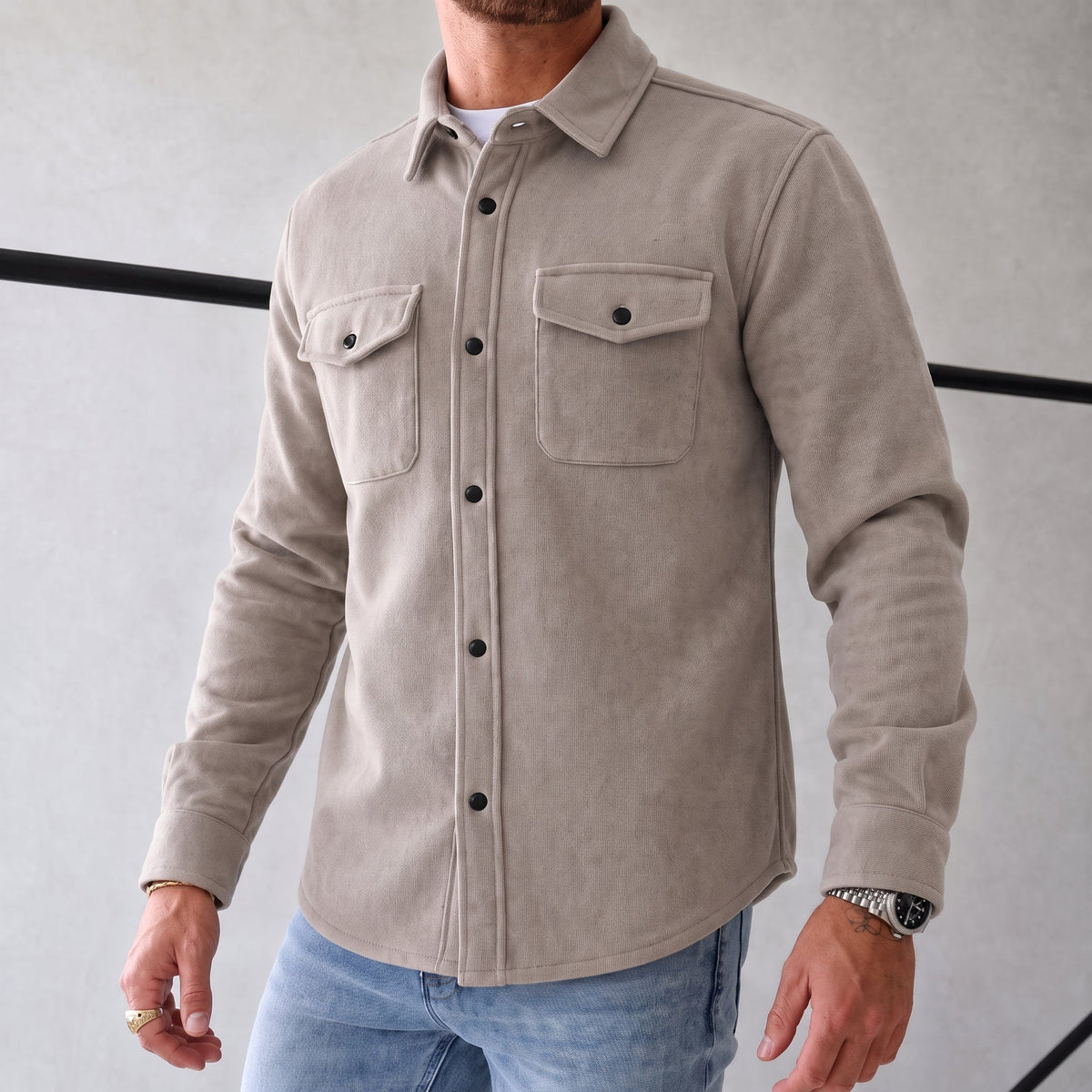 Friedrich - Men's Relaxed Fit Shirt Jacket with Dual Chest Pockets - Shirts - Khaki - Parker&Brooks