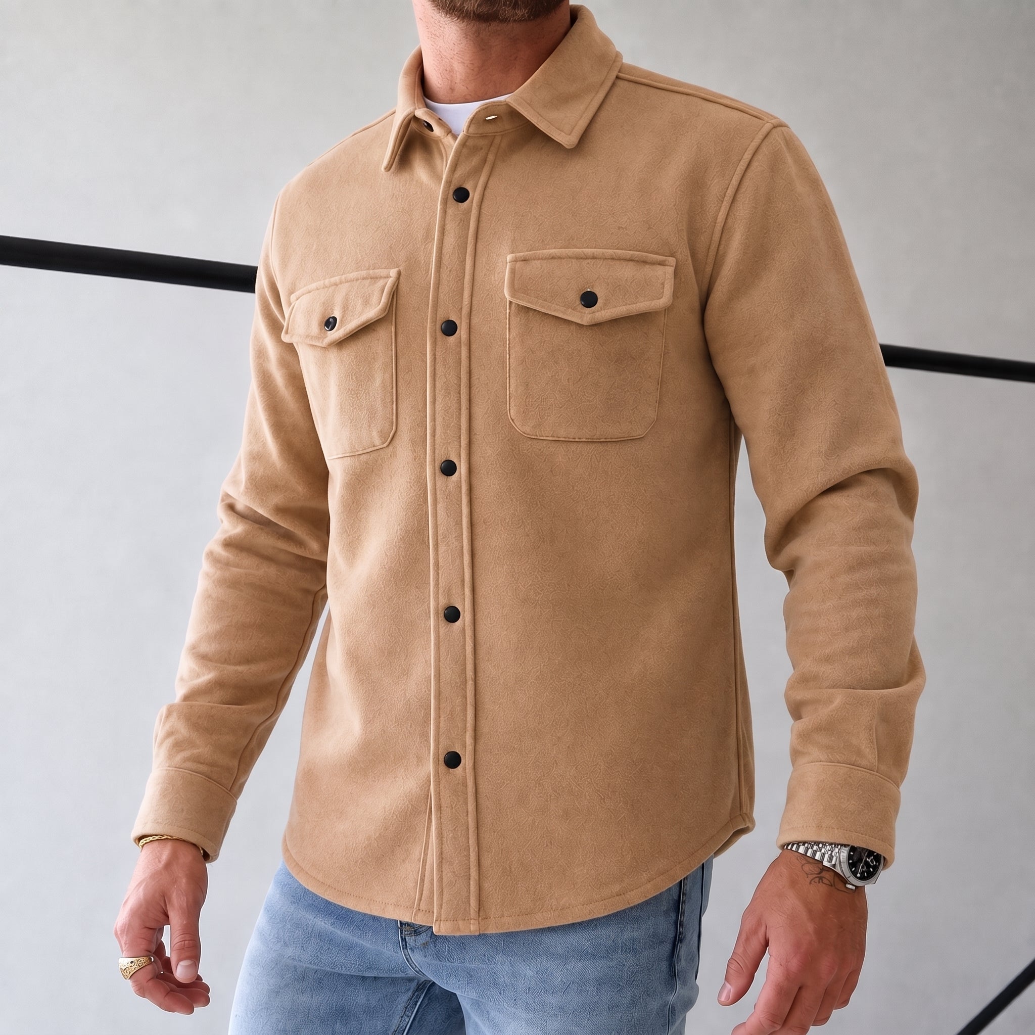 Friedrich - Men's Relaxed Fit Shirt Jacket with Dual Chest Pockets - Shirts - Beige - Parker&Brooks