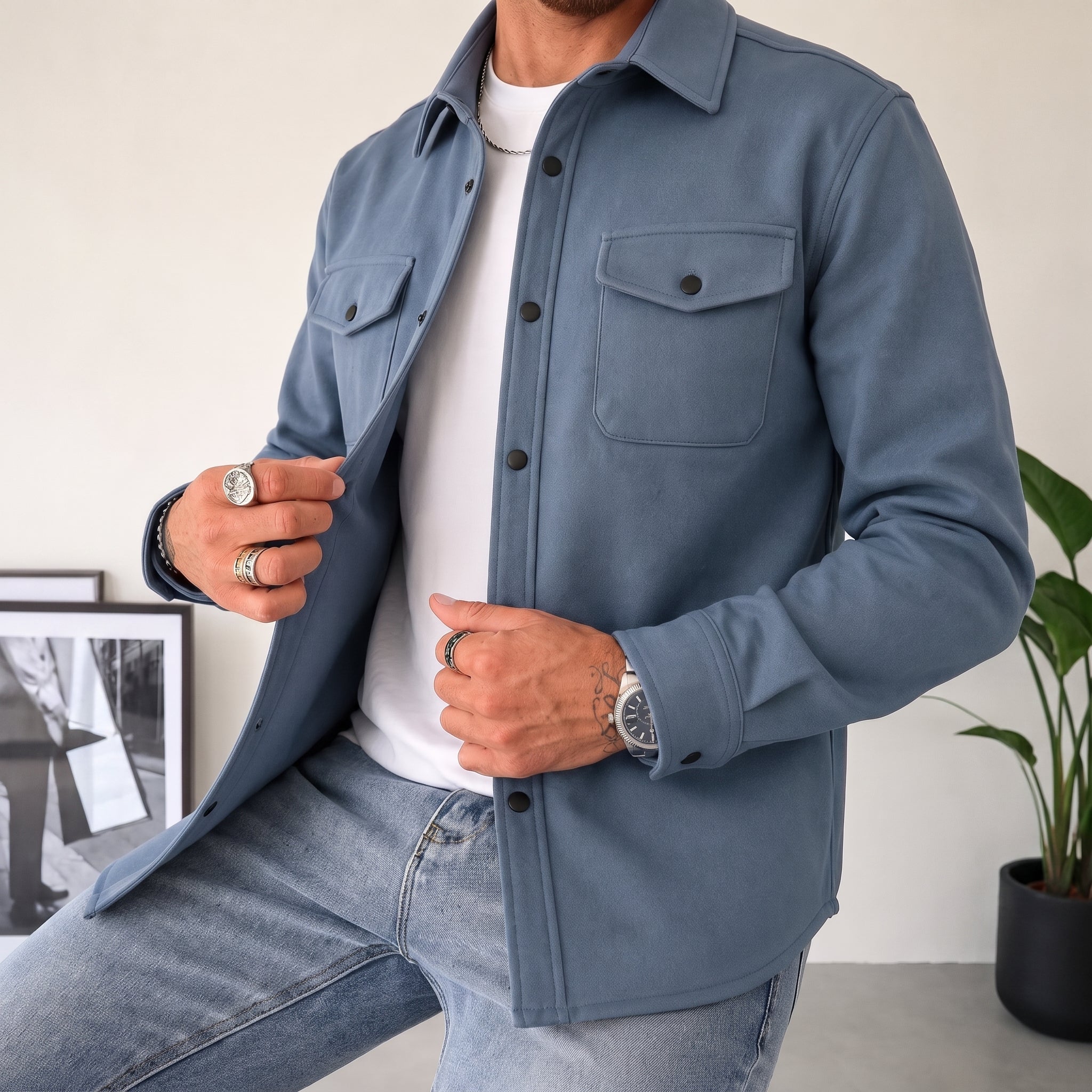 Friedrich - Men's Relaxed Fit Shirt Jacket with Dual Chest Pockets - Shirts - Blue - Parker&Brooks
