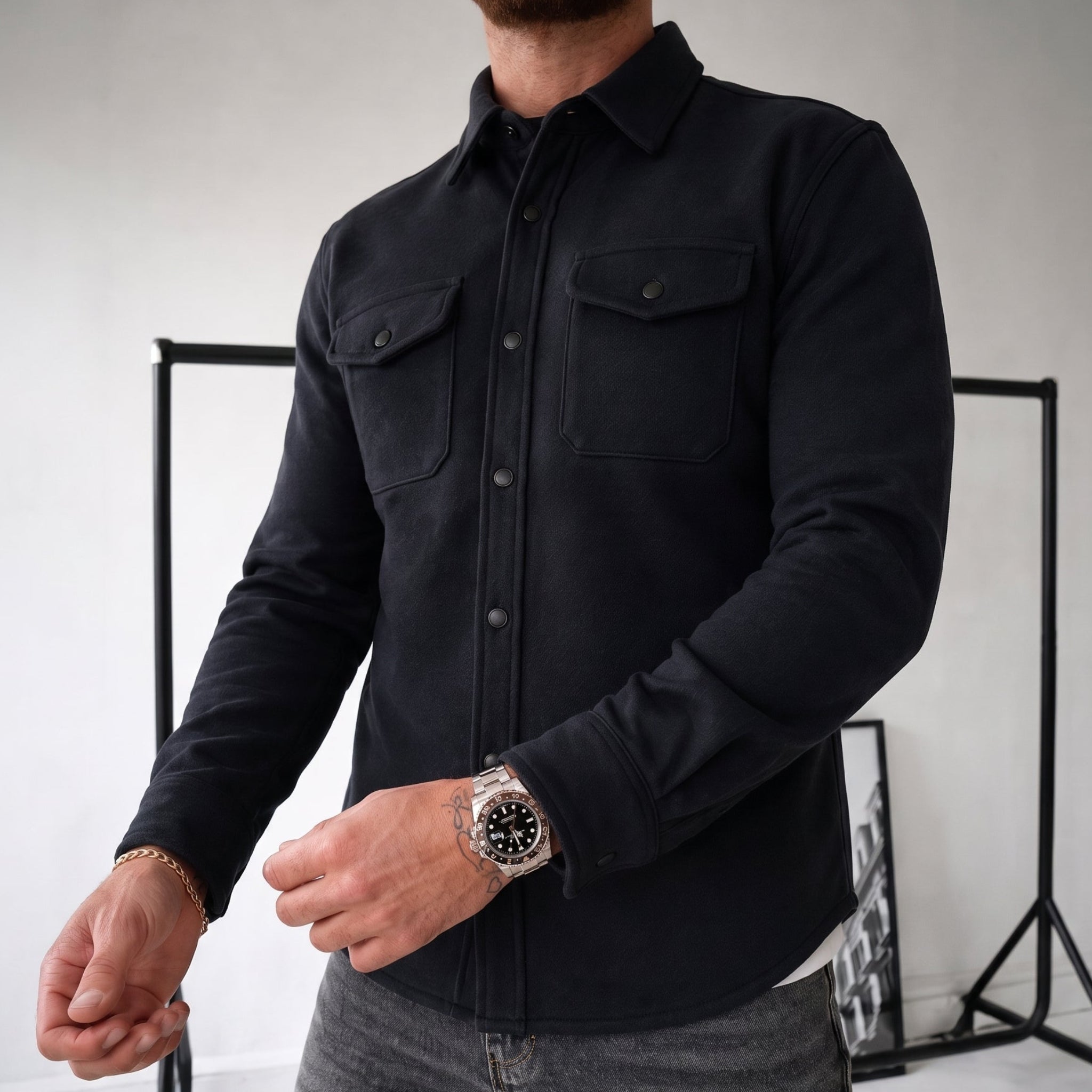 Friedrich - Men's Relaxed Fit Shirt Jacket with Dual Chest Pockets - Shirts - Black - Parker&Brooks
