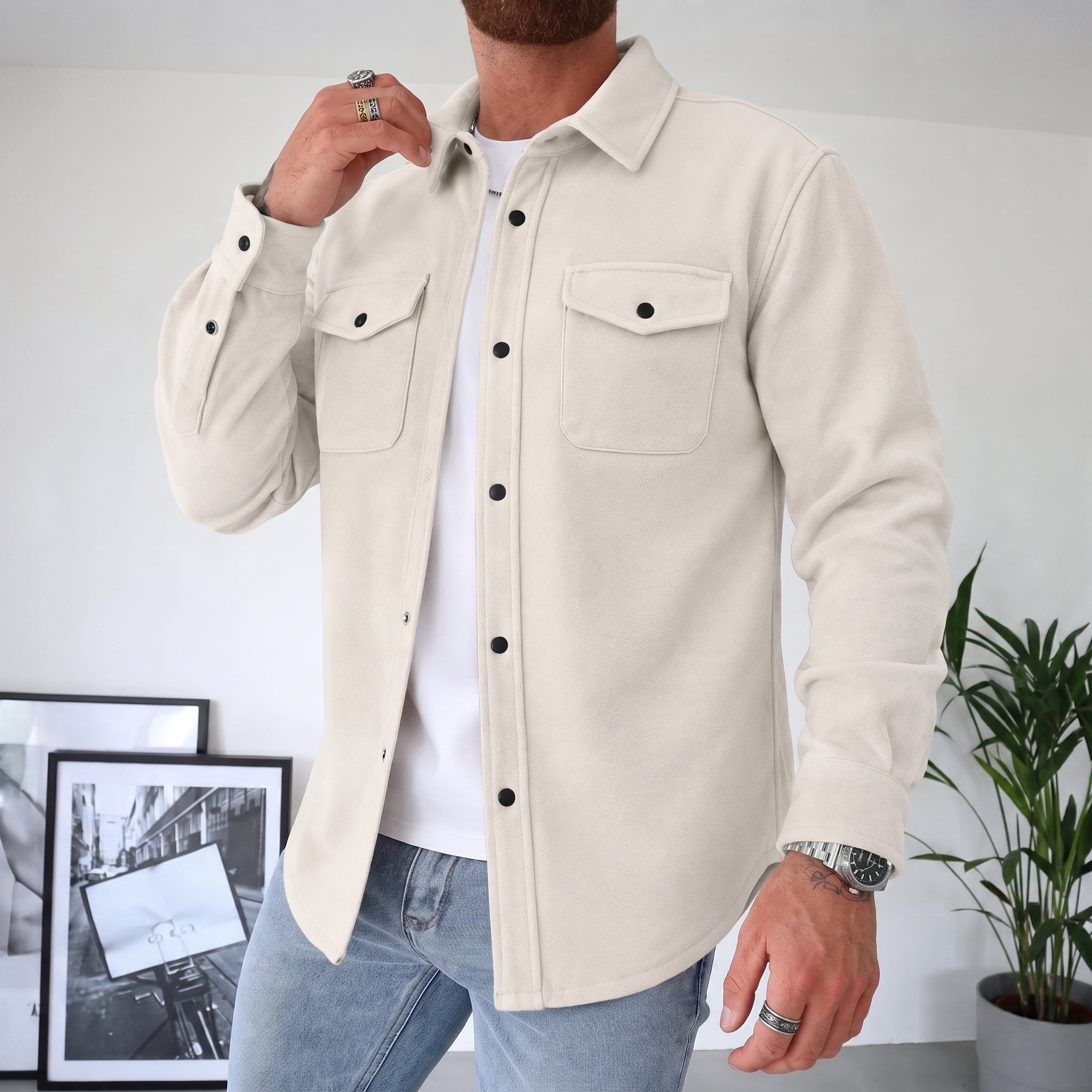 Friedrich - Men's Relaxed Fit Shirt Jacket with Dual Chest Pockets - Shirts - Cream - Parker&Brooks