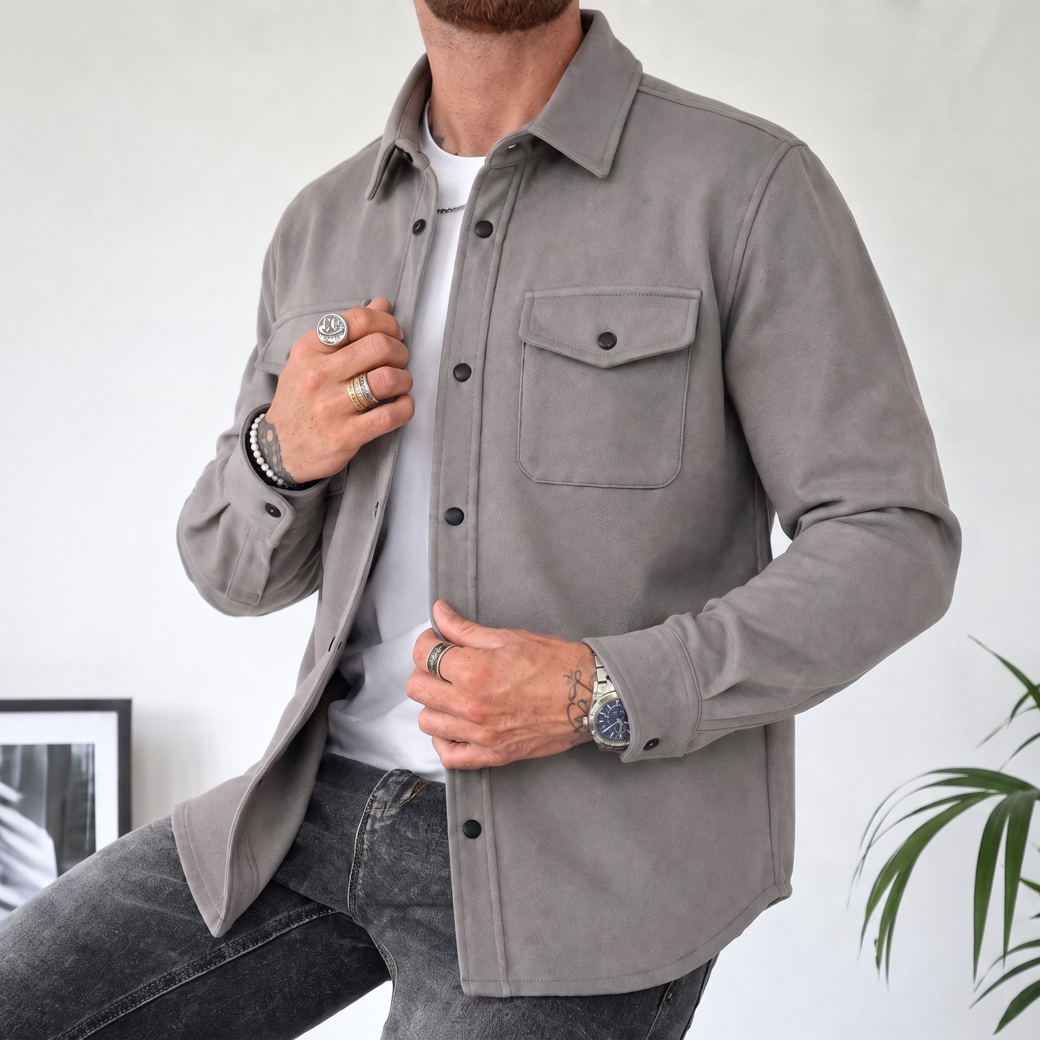 Friedrich - Men's Relaxed Fit Shirt Jacket with Dual Chest Pockets - Shirts - Gray - Parker&Brooks