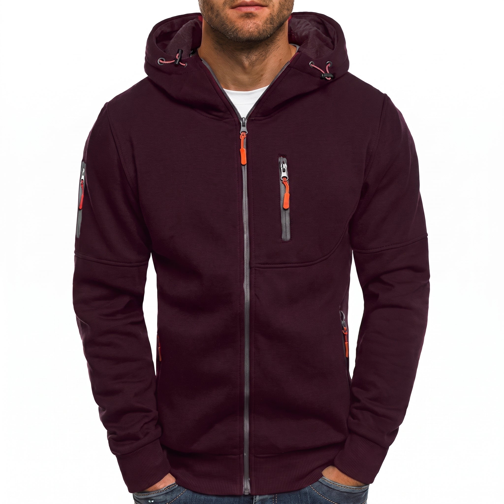 Friedrich - Men's Ribbed Cuff Multi-Pocket Contrast Zip Hoodie - Hoodies - Red - Parker&Brooks