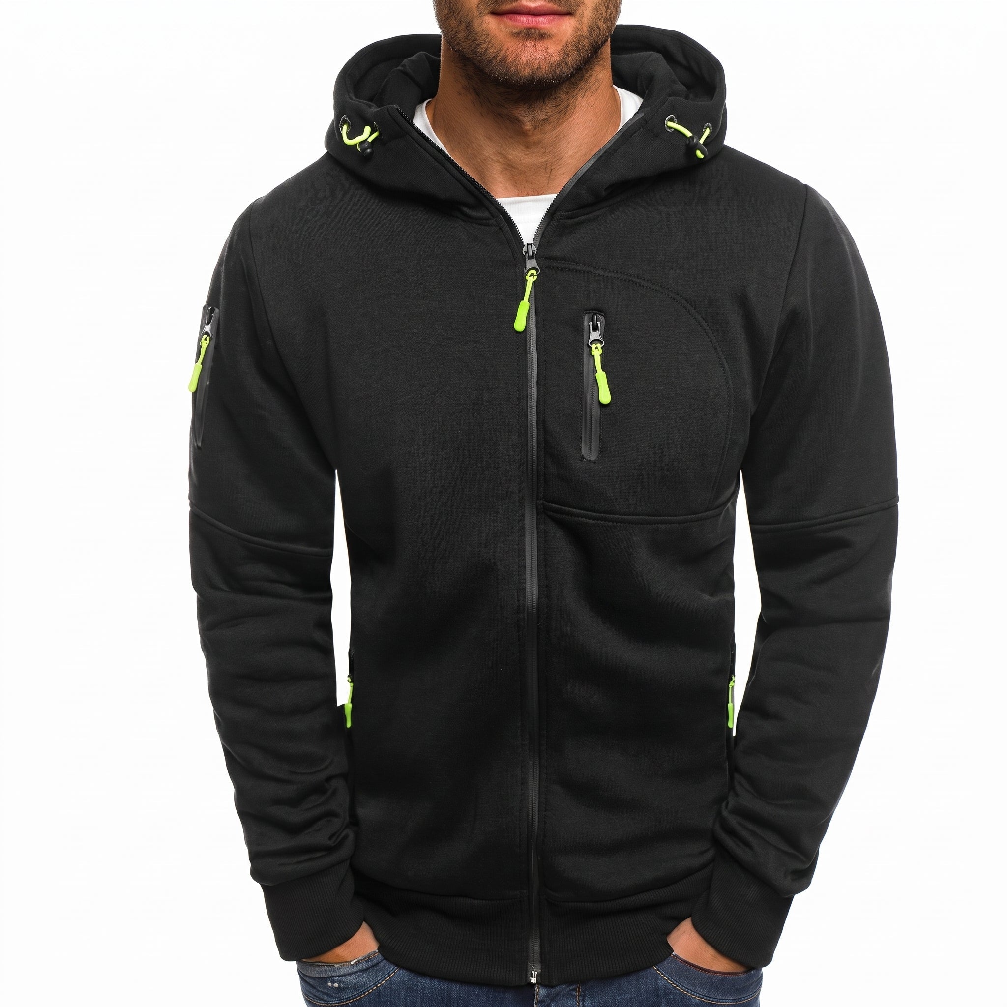 Friedrich - Men's Ribbed Cuff Multi-Pocket Contrast Zip Hoodie - Hoodies - Black - Parker&Brooks