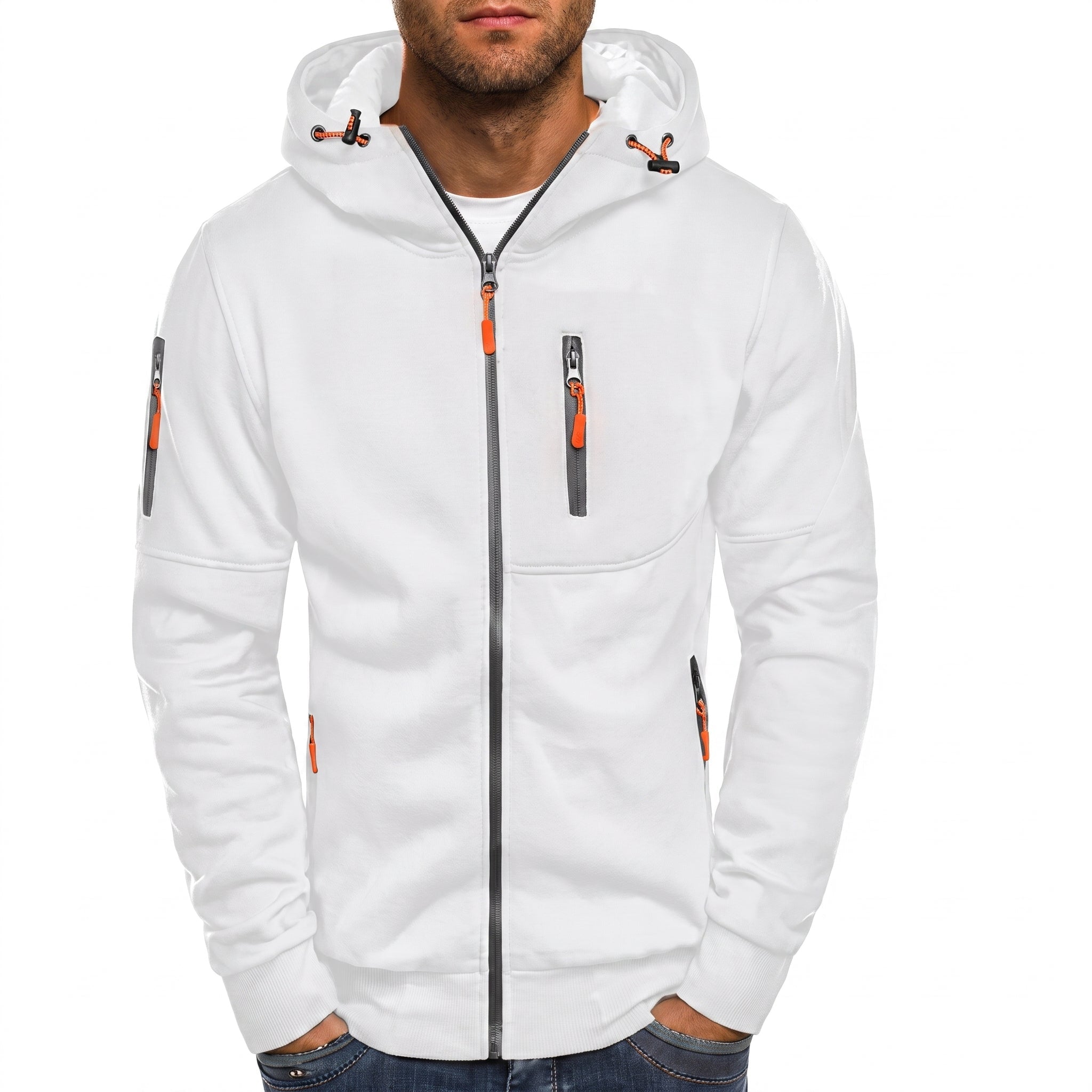 Friedrich - Men's Ribbed Cuff Multi-Pocket Contrast Zip Hoodie - Hoodies - White - Parker&Brooks