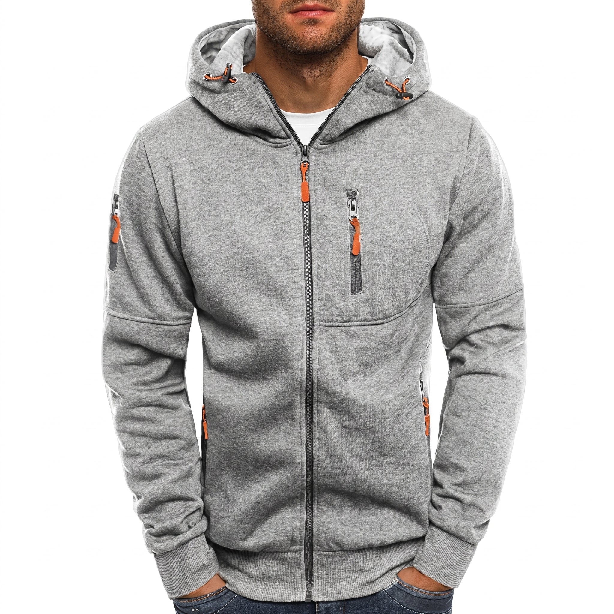Friedrich - Men's Ribbed Cuff Multi-Pocket Contrast Zip Hoodie - Hoodies - Light Gray - Parker&Brooks